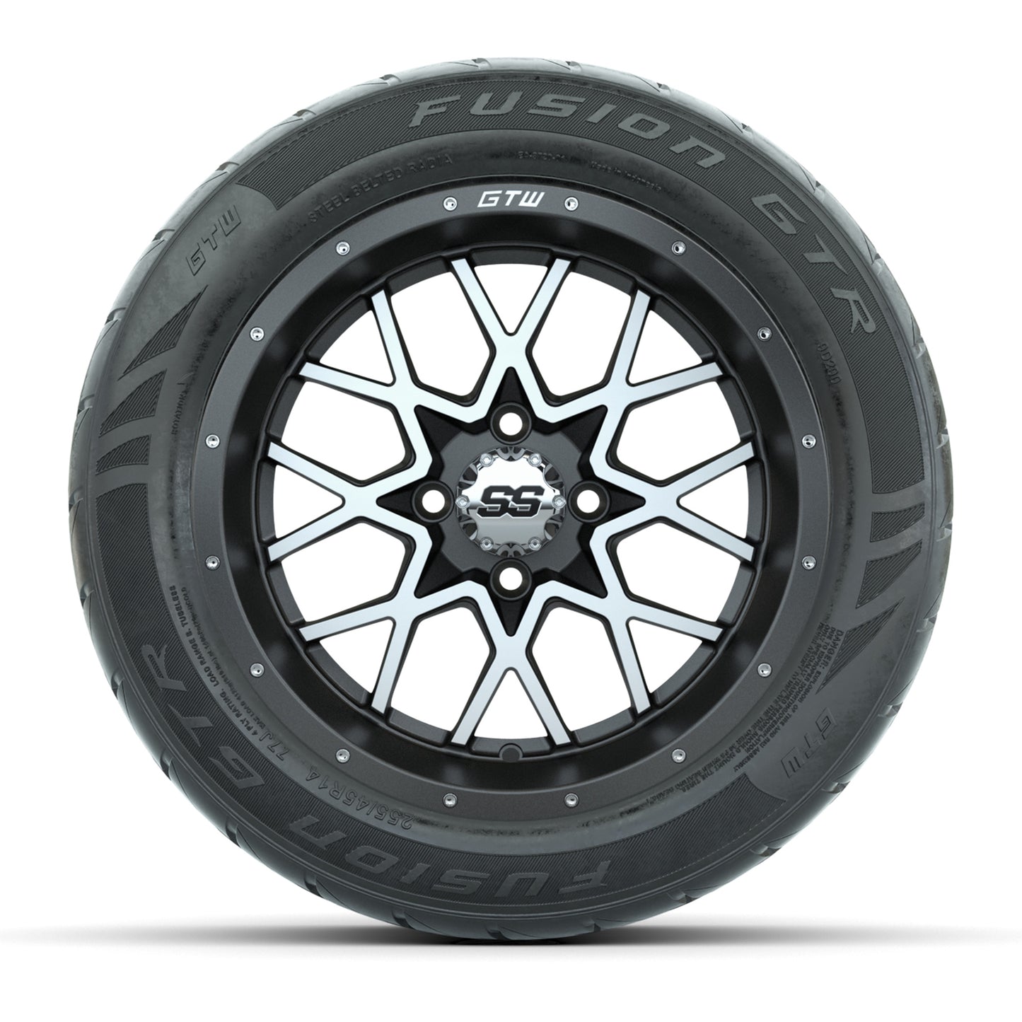 GTW® Vortex 2 Matte Gray/Machined 14 in Wheels with 255/45-R14 Fusion GTR Steel Belt Radial Street Tires – Full Set