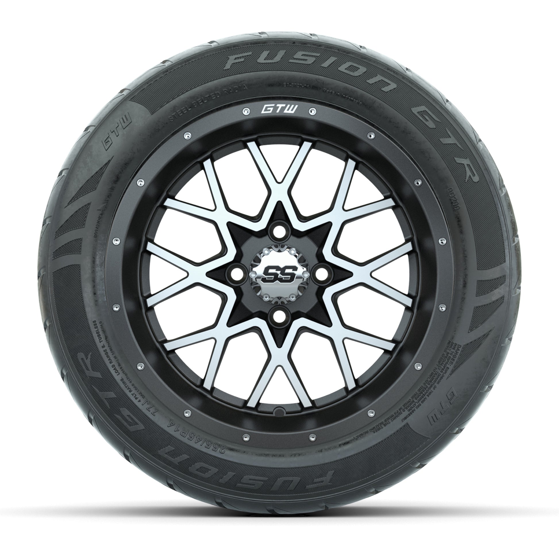 GTW® Vortex 2 Matte Gray/Machined 14 in Wheels with 255/45-R14 Fusion GTR Steel Belt Radial Street Tires – Full Set