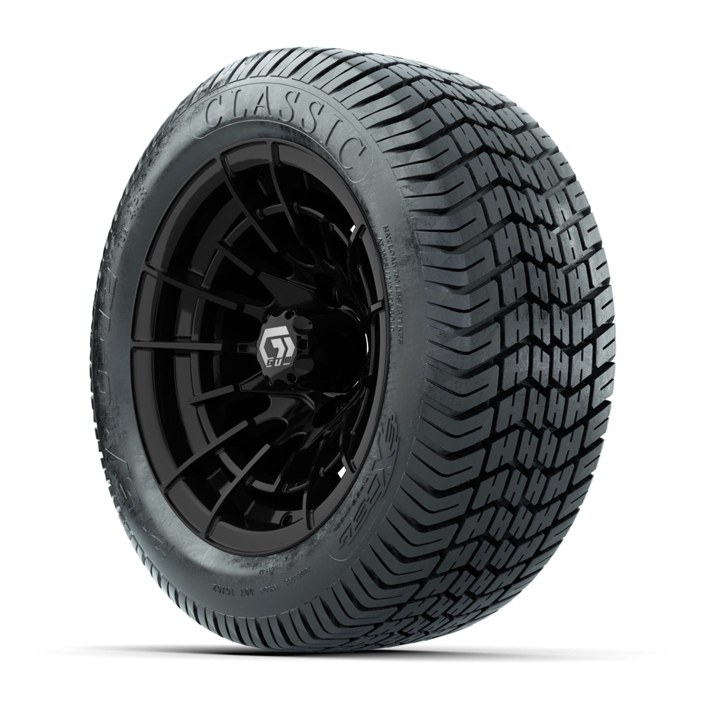 GTW® Boost Gloss Black 12 in Wheels with 215/40-12 Excel Classic Street Tires – Full Set
