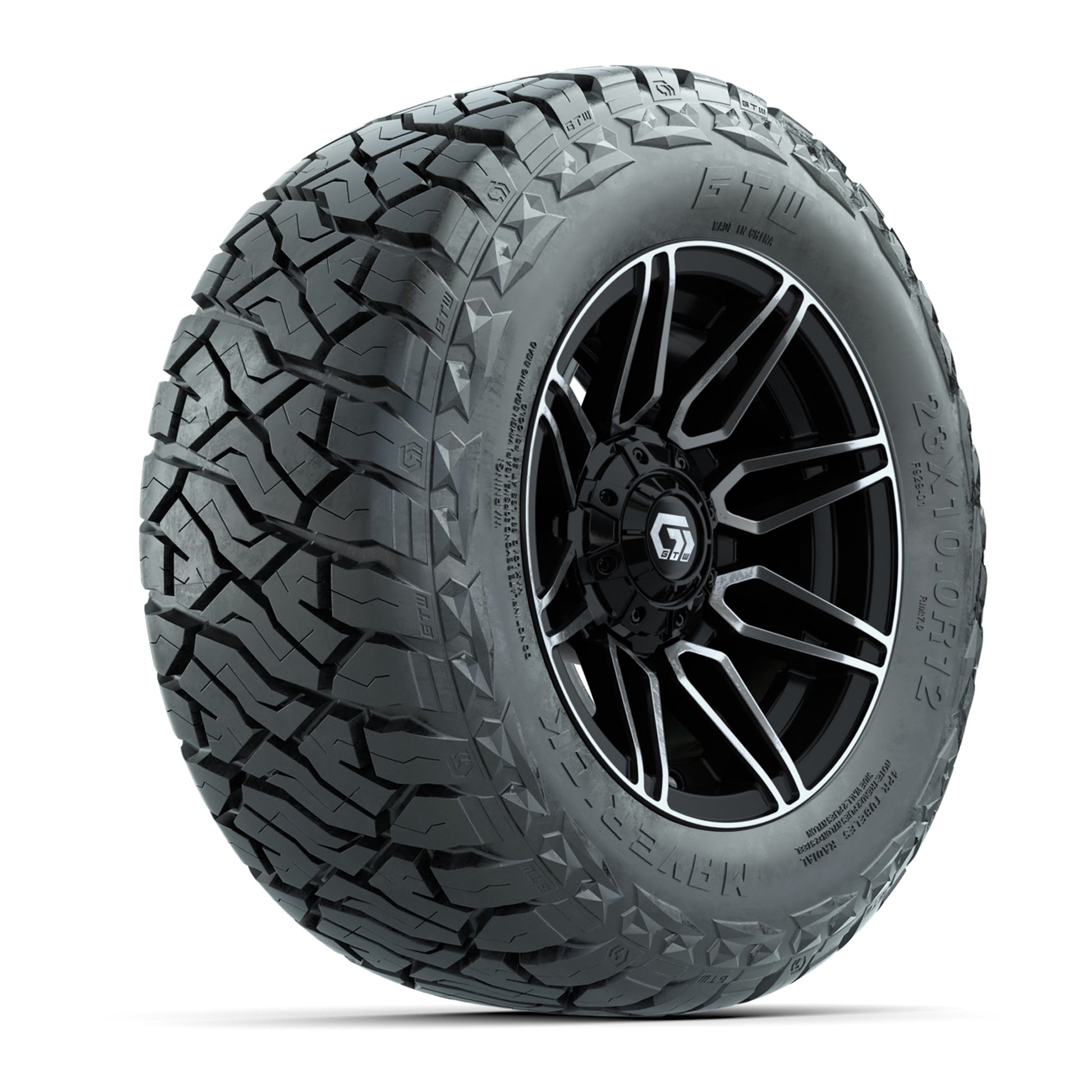 GTW Stealth Black/Machined 12 in Wheels with 23x10.00-R12 Maverick All-Terrain Tires – Full Set