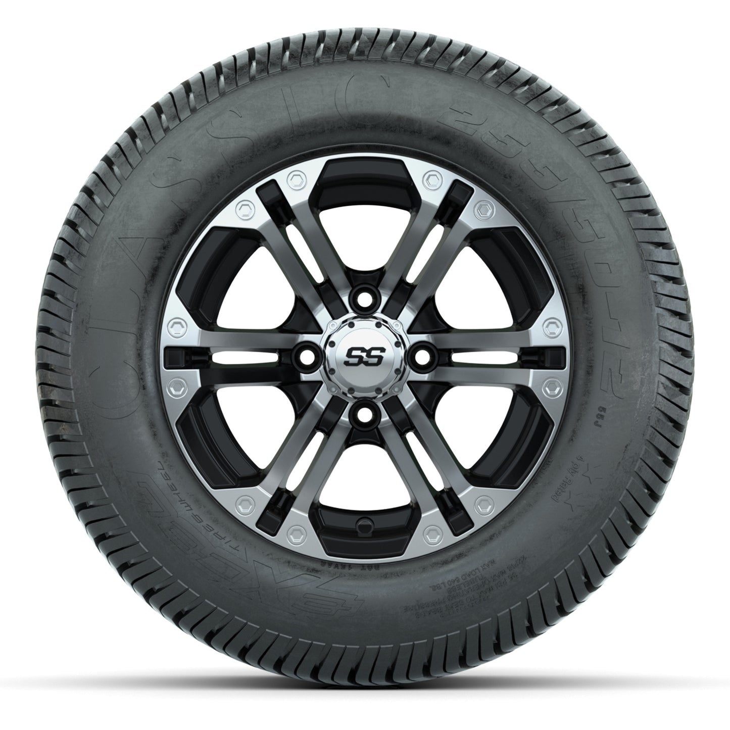 GTW® Specter Black/Machined 12 in Wheels with 255/50-12 Excel Classic Street Tires – Full Set