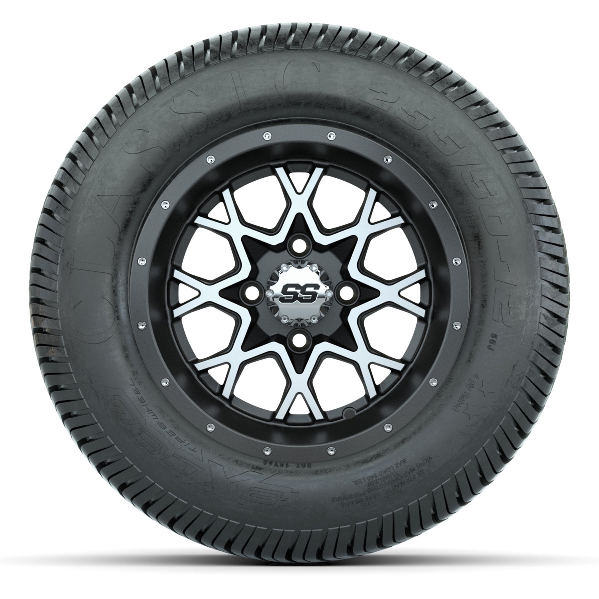 GTW® Vortex 2 Matte Gray/Machined 12 in Wheels with 255/50-12 Excel Classic Street Tires – Full Set