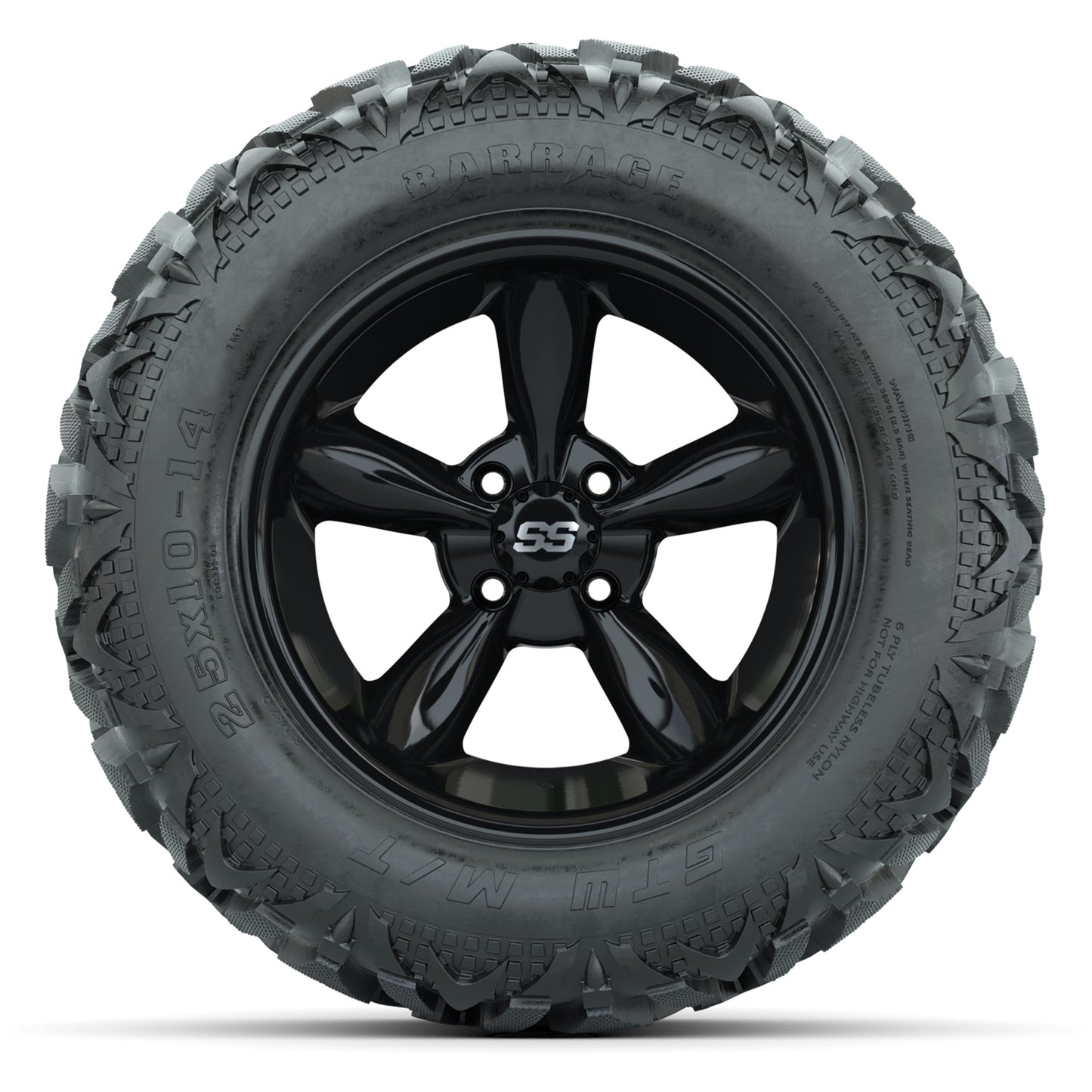 GTW Godfather Black 14 in Wheels with 25x10-14 Barrage Mud Tires – Full Set