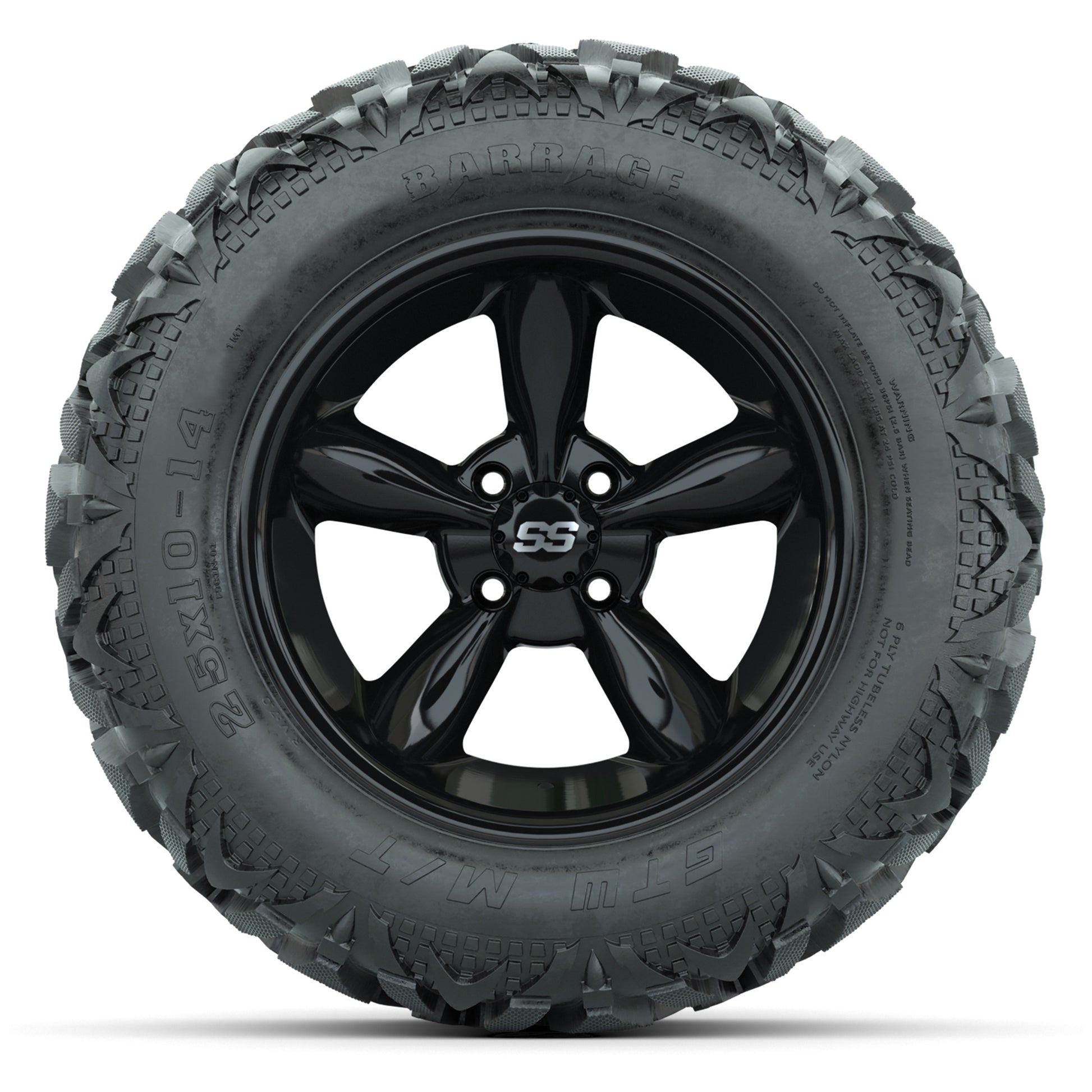 GTW Godfather Black 14 in Wheels with 25x10-14 Barrage Mud Tires – Full Set