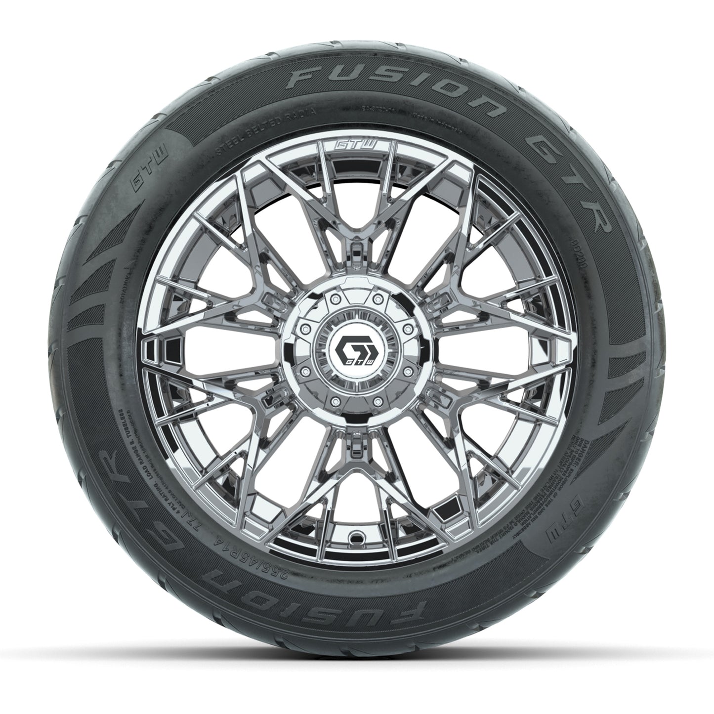 GTW® Stellar Chrome 14 in Wheels with 255/45-R14 Fusion GTR Steel Belt Radial Street Tires – Full Set