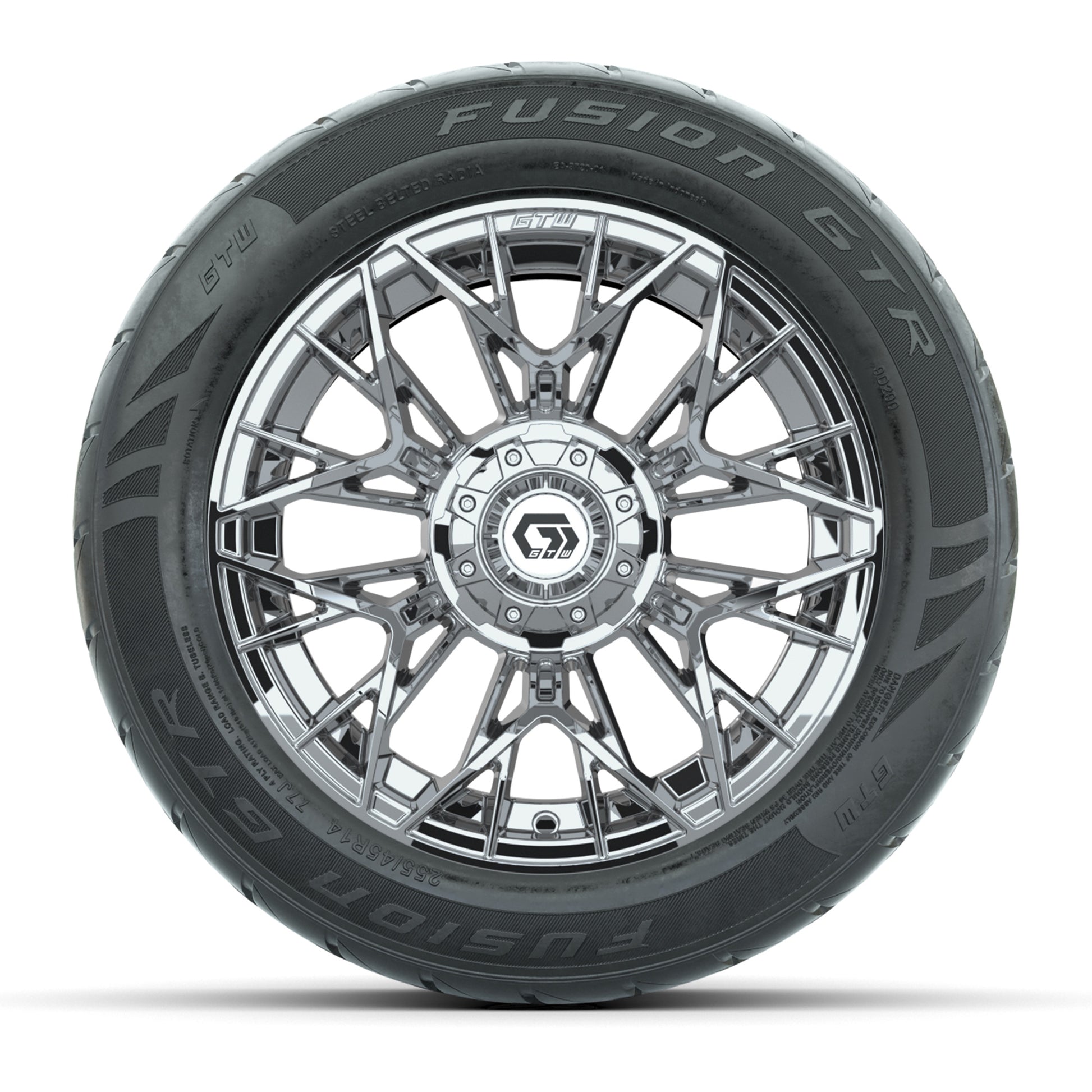 GTW® Stellar Chrome 14 in Wheels with 255/45-R14 Fusion GTR Steel Belt Radial Street Tires – Full Set