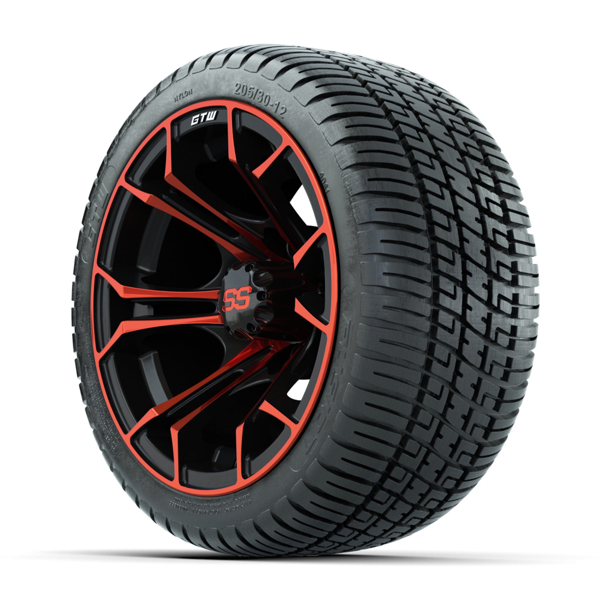 GTW® Spyder Black/Red 12 in Wheels with 205/30-12 Fusion Street Tires – Full Set