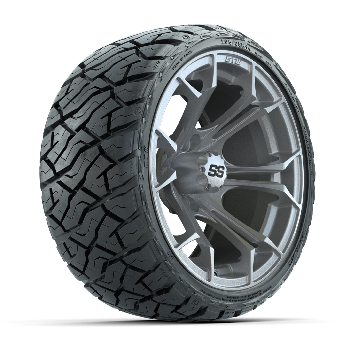GTW® Spyder Silver Brush 14 in Wheels with 205/35-R14 Maverick Low-Profile All-Terrain Tires - Full Set
