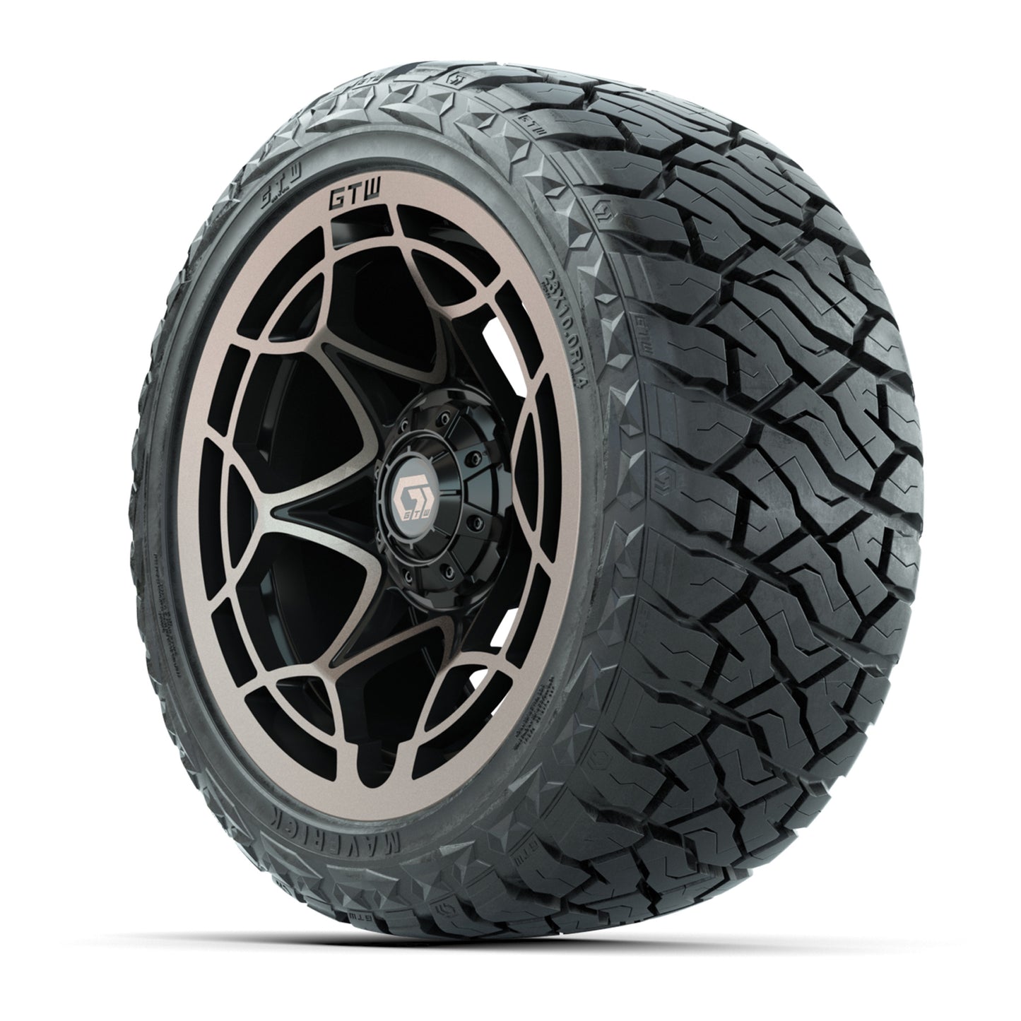 GTW Nexus Gloss Black/Satin Bronze 14 in Wheels with 23x10.00-R14 Maverick All-Terrain Tires – Full Set
