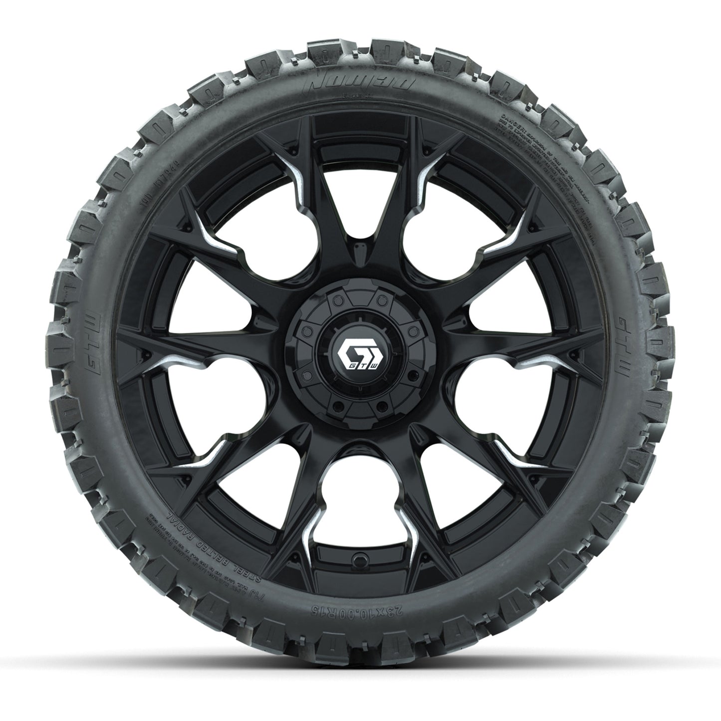 GTW® Diablo Gloss Black/Machined 15 in Wheels with 23x10-R15 Nomad Steel Belted Radial All-Terrain Tires – Full Set