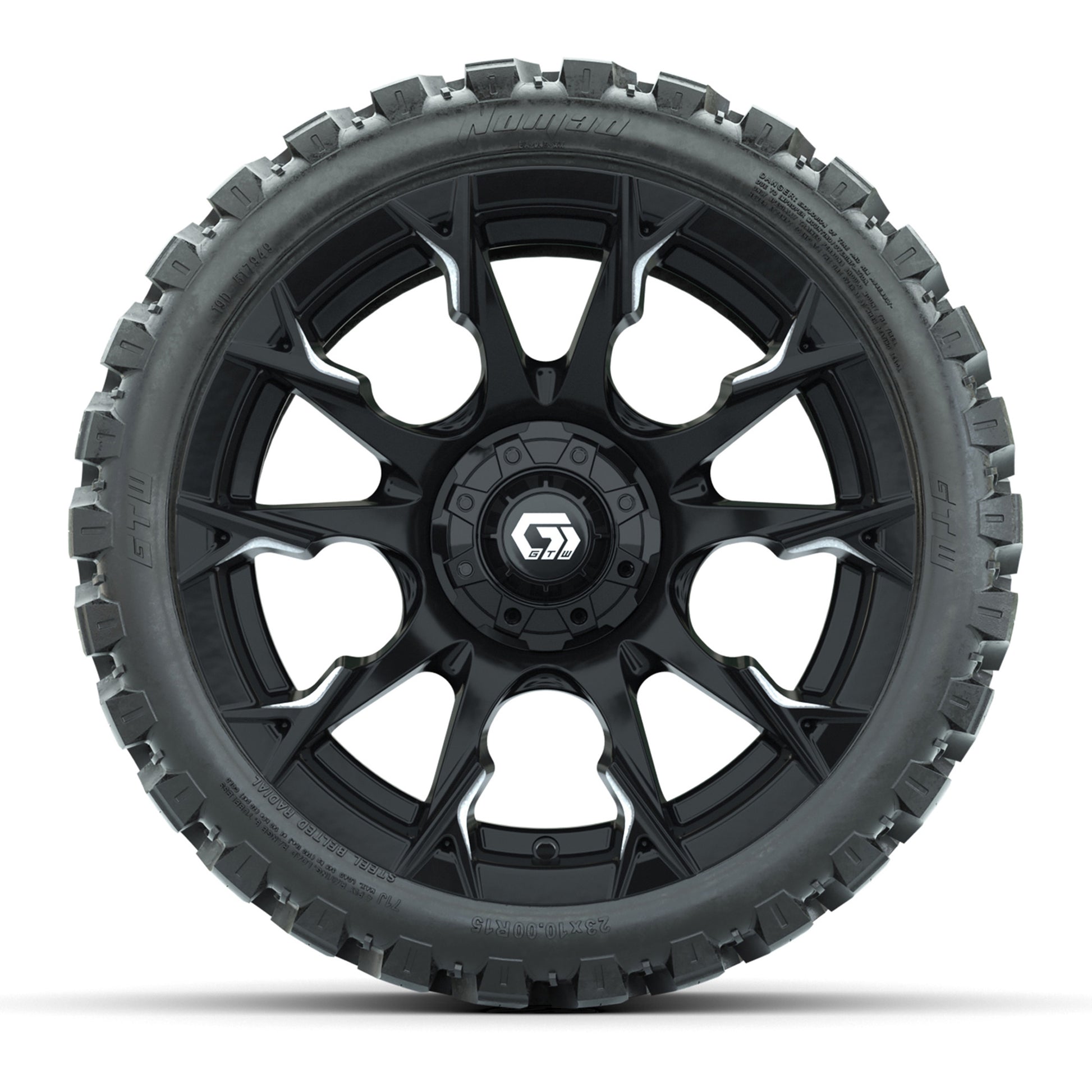 GTW® Diablo Gloss Black/Machined 15 in Wheels with 23x10-R15 Nomad Steel Belted Radial All-Terrain Tires – Full Set