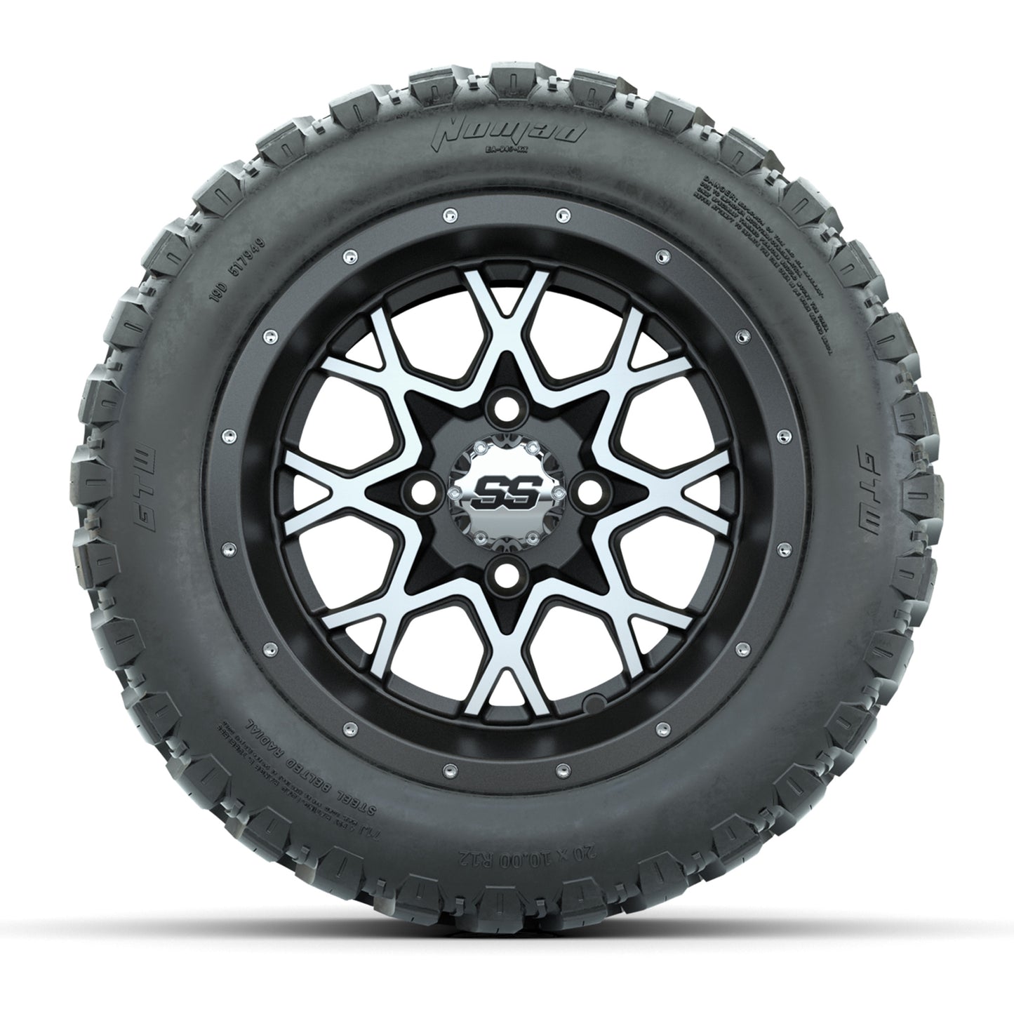 GTW® Vortex 2 Matte Gray/Machined 12 in Wheels with 20X10-12 Nomad Steel Belt Radial All-Terrain Tires – Full Set