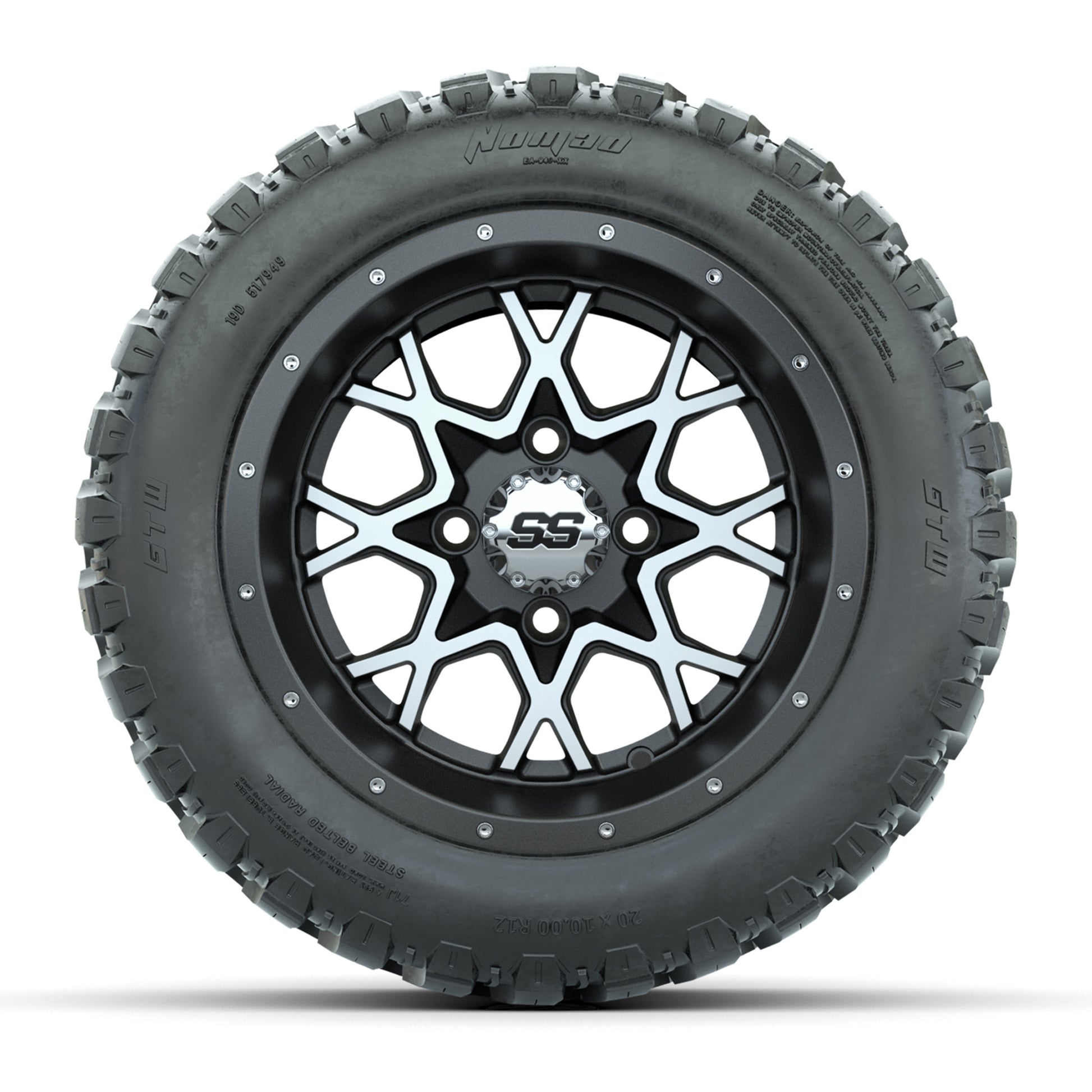 GTW® Vortex 2 Matte Gray/Machined 12 in Wheels with 20X10-12 Nomad Steel Belt Radial All-Terrain Tires – Full Set