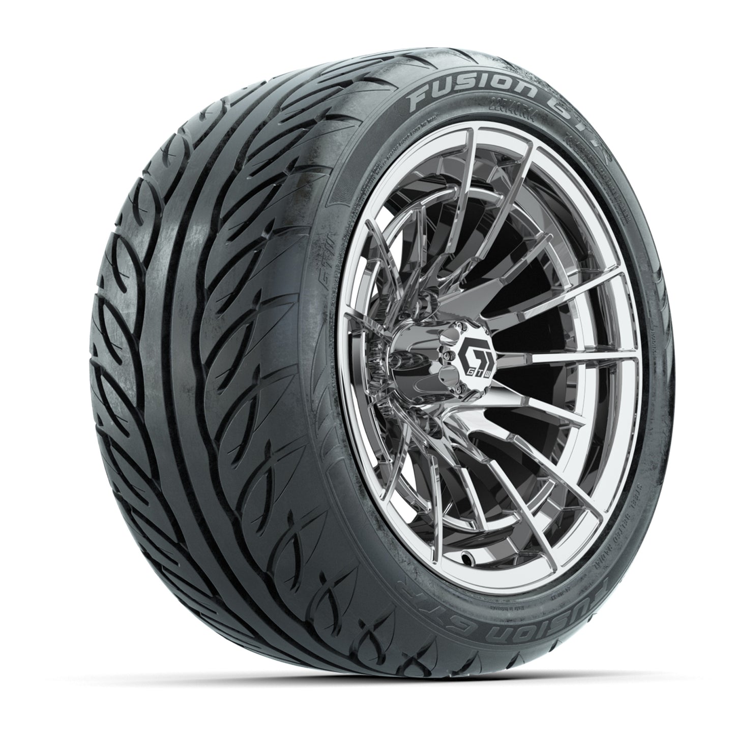GTW® Boost Chrome 14 in Wheels with 225/40-R14 Fusion GTR Steel Belt Radial Street Tires – Full Set