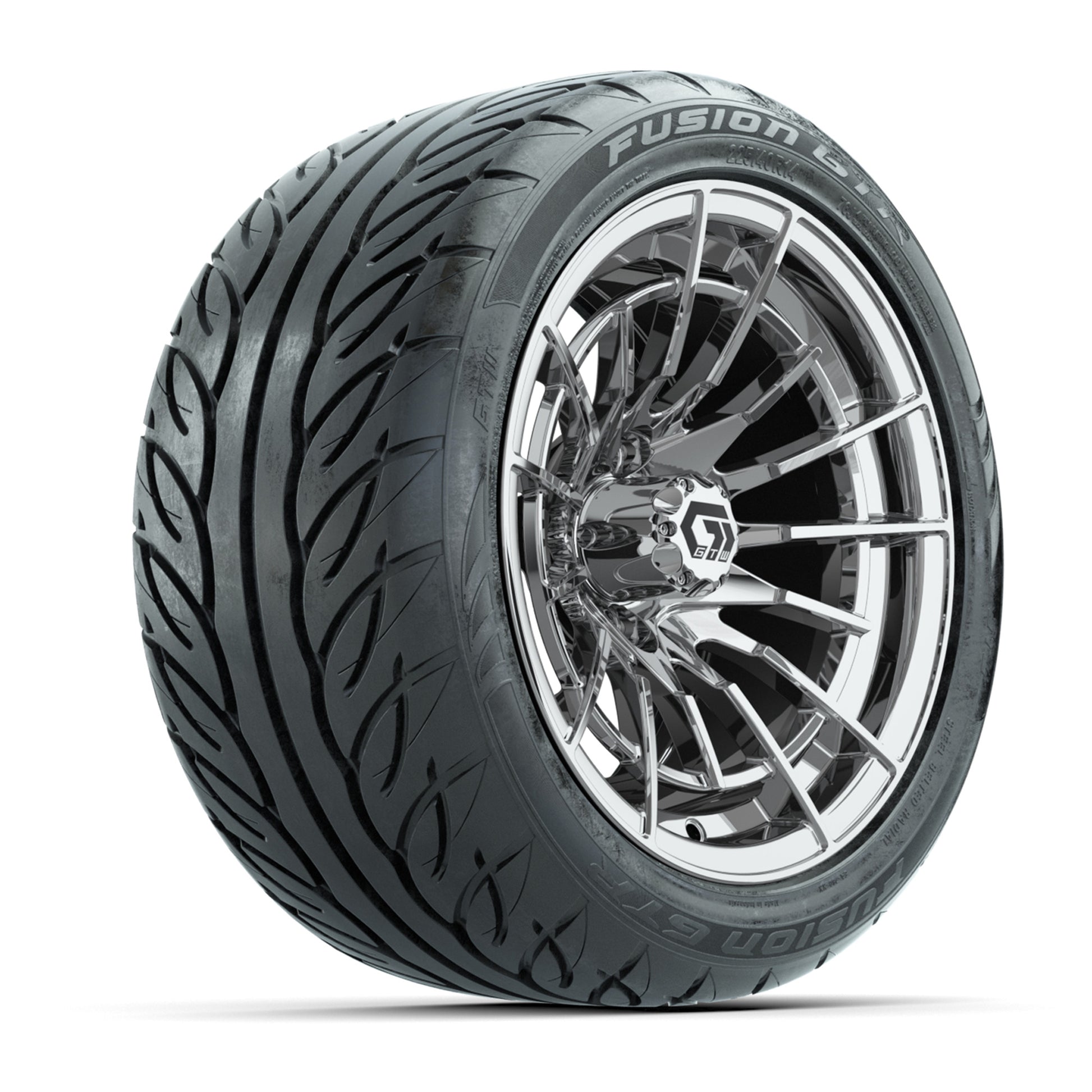 GTW® Boost Chrome 14 in Wheels with 225/40-R14 Fusion GTR Steel Belt Radial Street Tires – Full Set