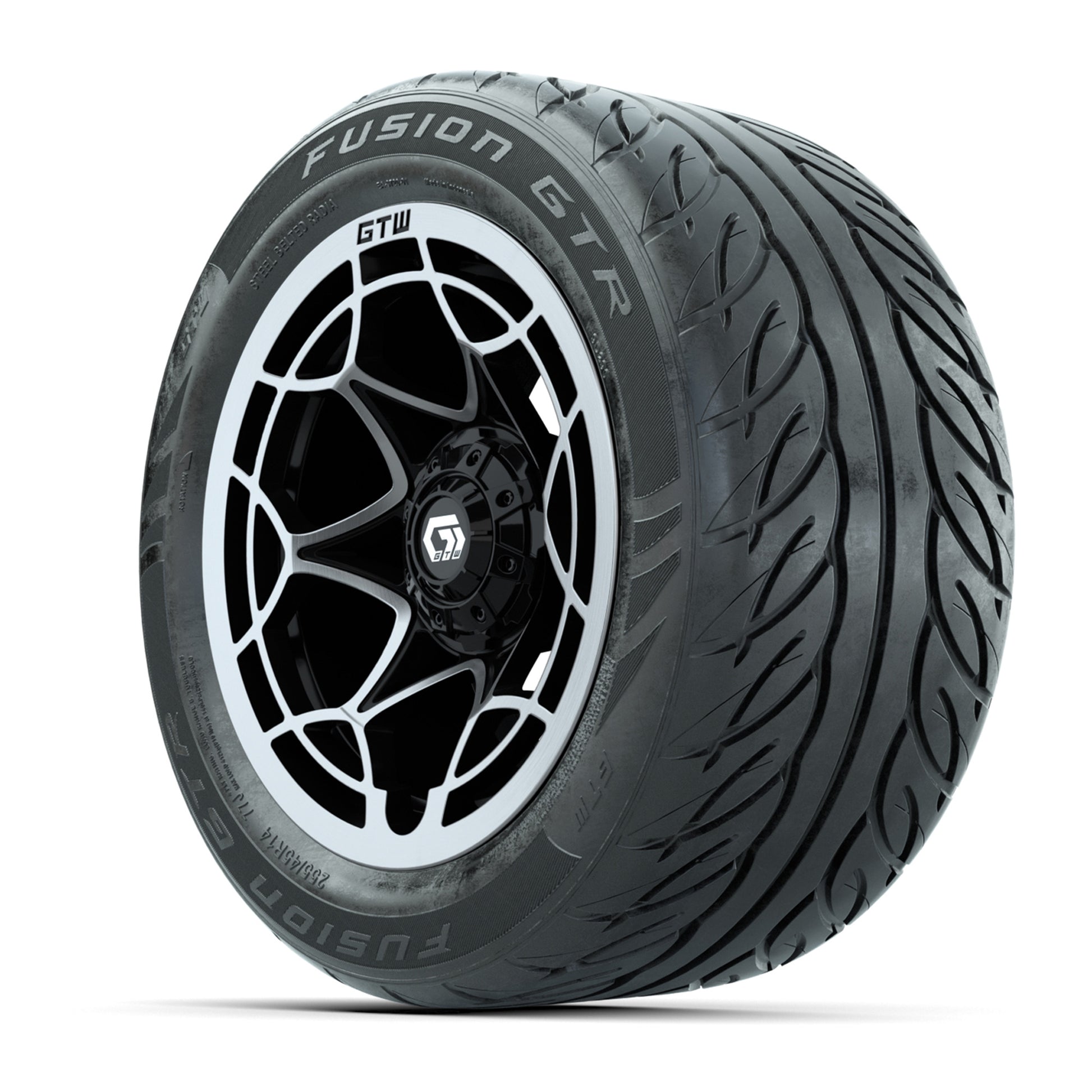 GTW® Nexus Black with Silver Face 14 in Wheels with 255/45-R14 Fusion GTR Steel Belt Radial Street Tires – Full Set