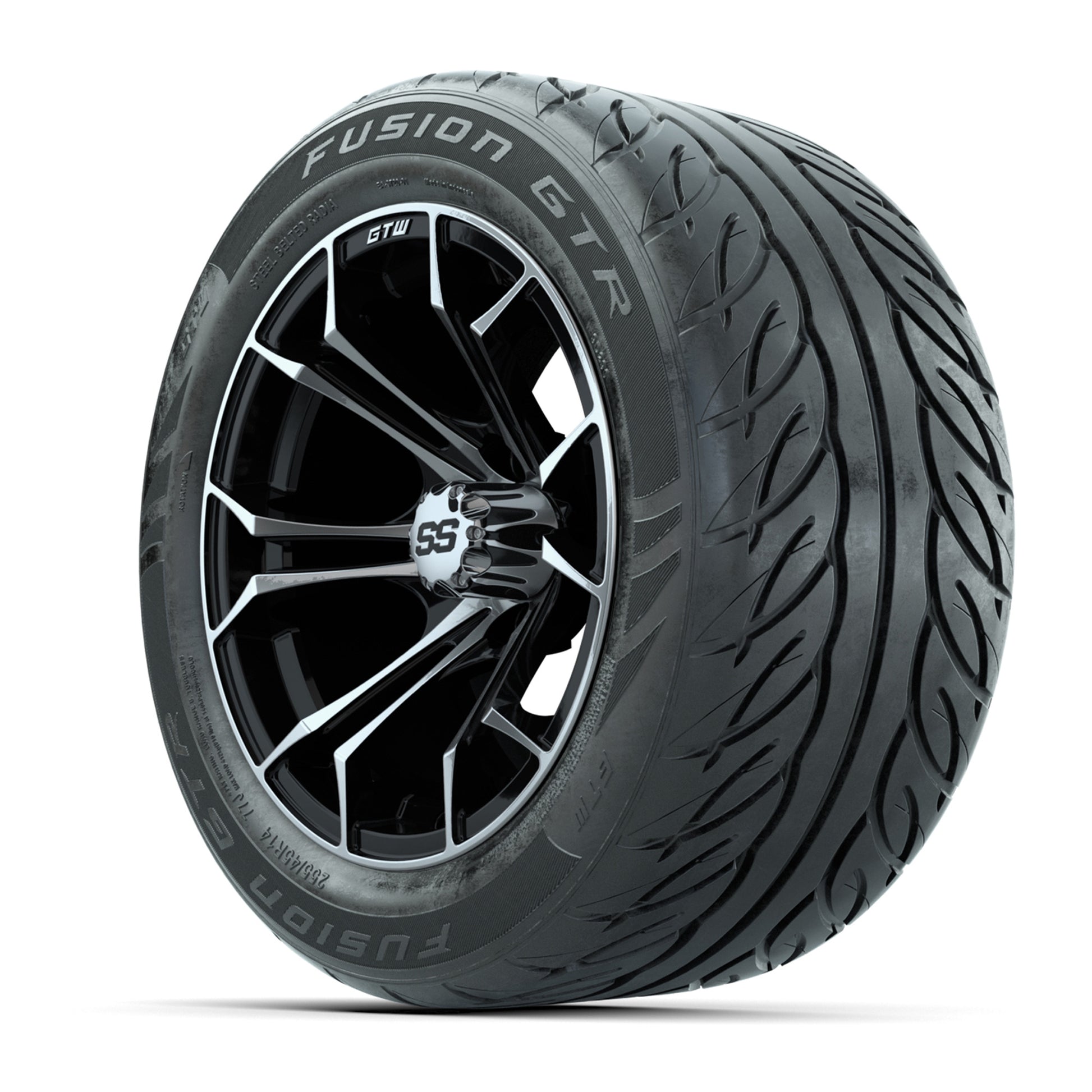 GTW Spyder Machined/Black 14 in Wheels with 255/45-R14 Fusion GTR Street Tires – Full Set