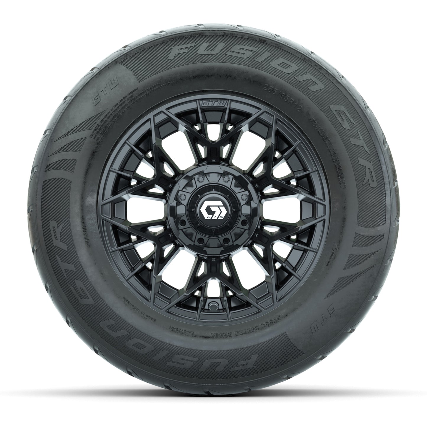 GTW® Stellar Black 12 in Wheels with 255/55-R12 Fusion GTR Steel Belt Radial Street Tires - Full Set