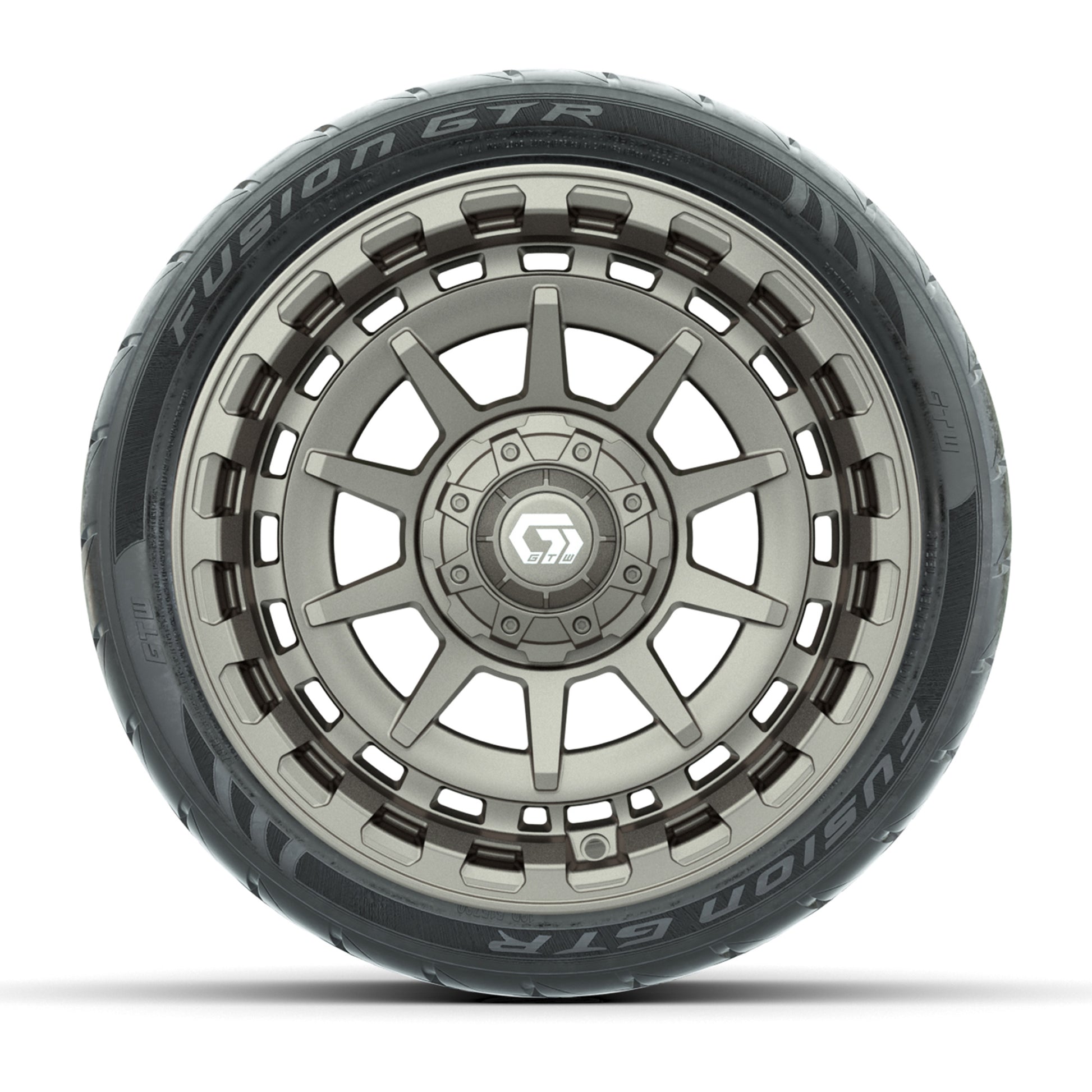 GTW® Barricade Satin Bronze 14 in Wheels with 205/40-R14 Fusion GTR Steel Belted Street Tires – Full Set