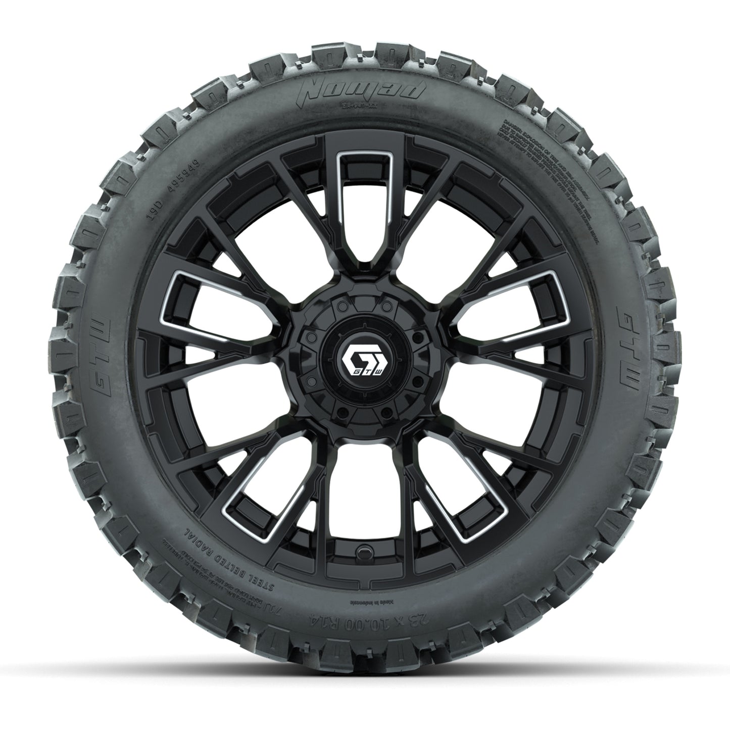 GTW® Vandal Matte Black/Machined 14 in Wheels with 23X10-R14 Nomad Steel Belt Radial All-Terrain Tires – Full Set