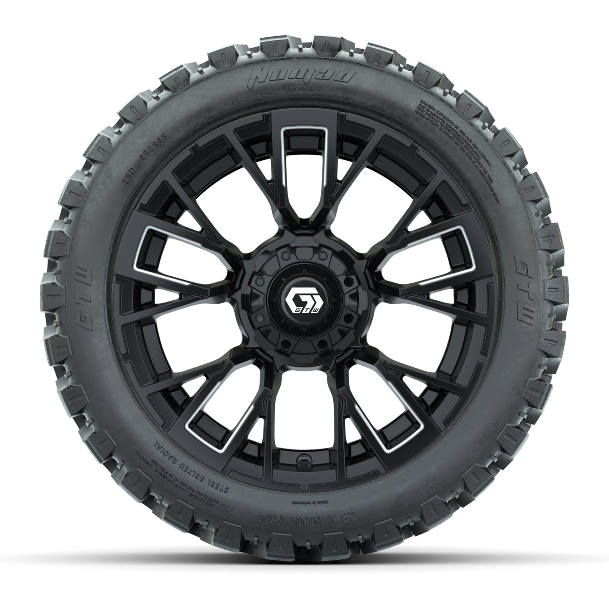 GTW® Vandal Matte Black/Machined 14 in Wheels with 23X10-R14 Nomad Steel Belt Radial All-Terrain Tires – Full Set