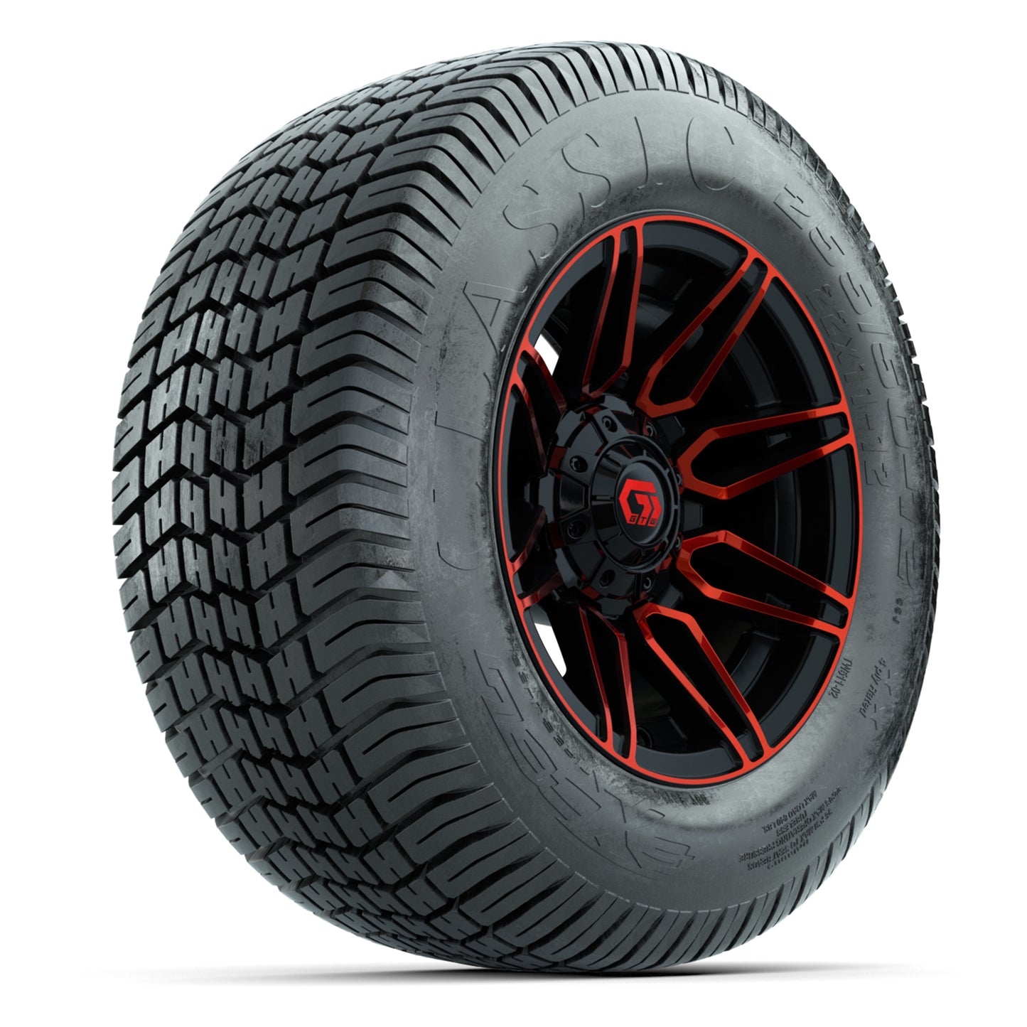 GTW® Stealth Red/Machined 12 in Wheels with 255/50-12 Excel Classic Street Tires – Full Set