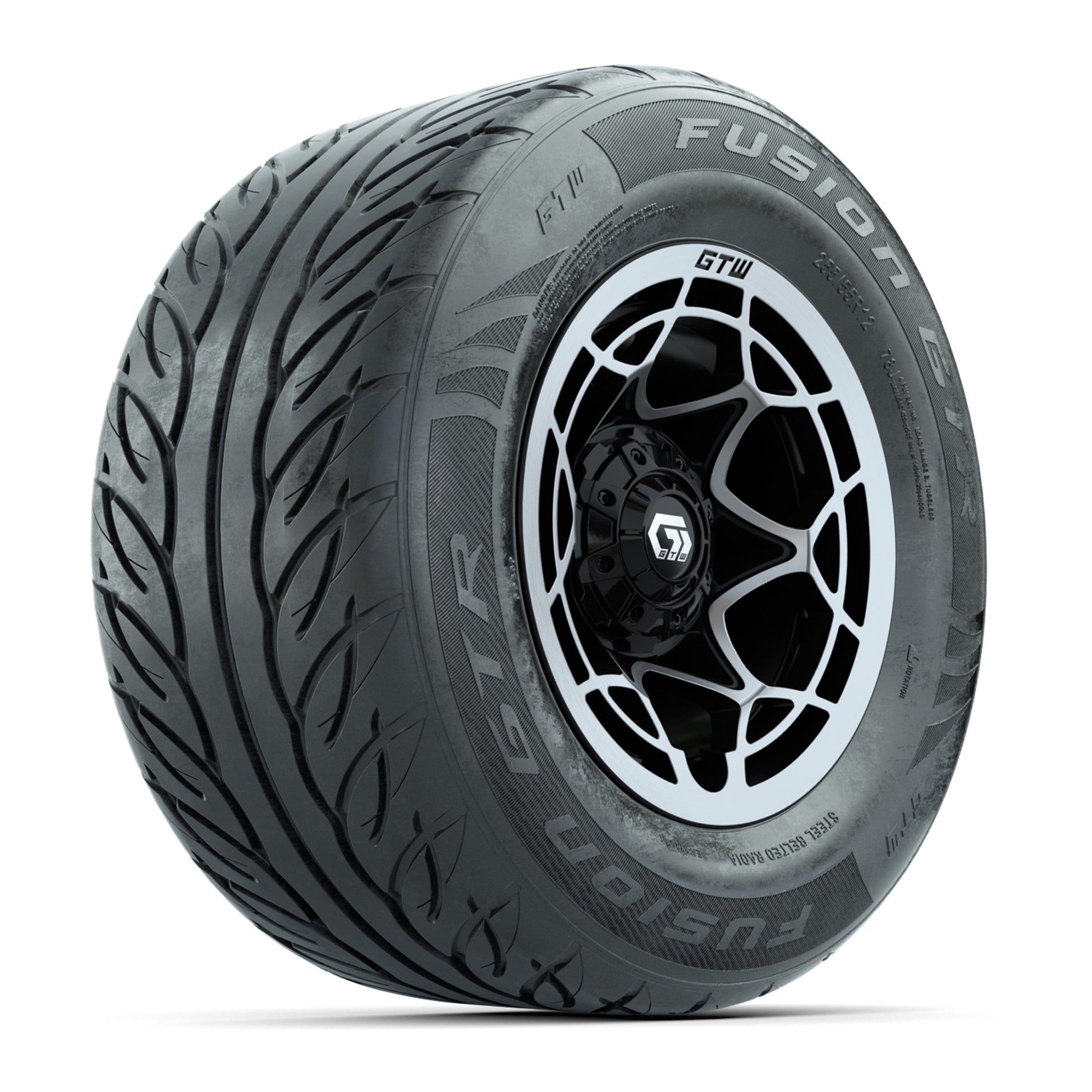 GTW® Nexus Black with Silver Face 12 in Wheels with 255/55-R12 Fusion GTR Steel Belt Radial Street Tires - Full Set