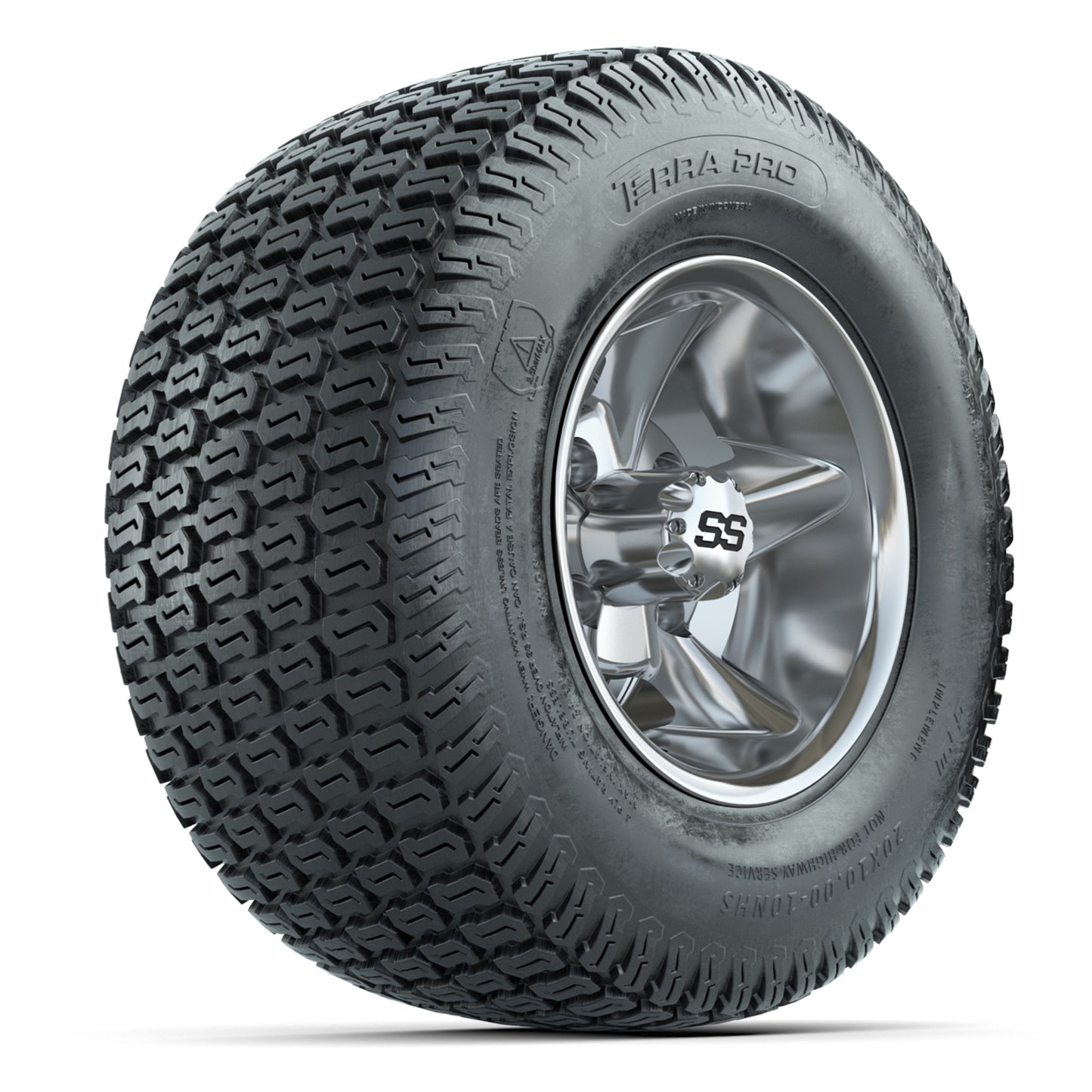 GTW Godfather Chrome 10 in Wheels with 20x10-10 S-Pattern Terra Pro Street Tires – Full Set