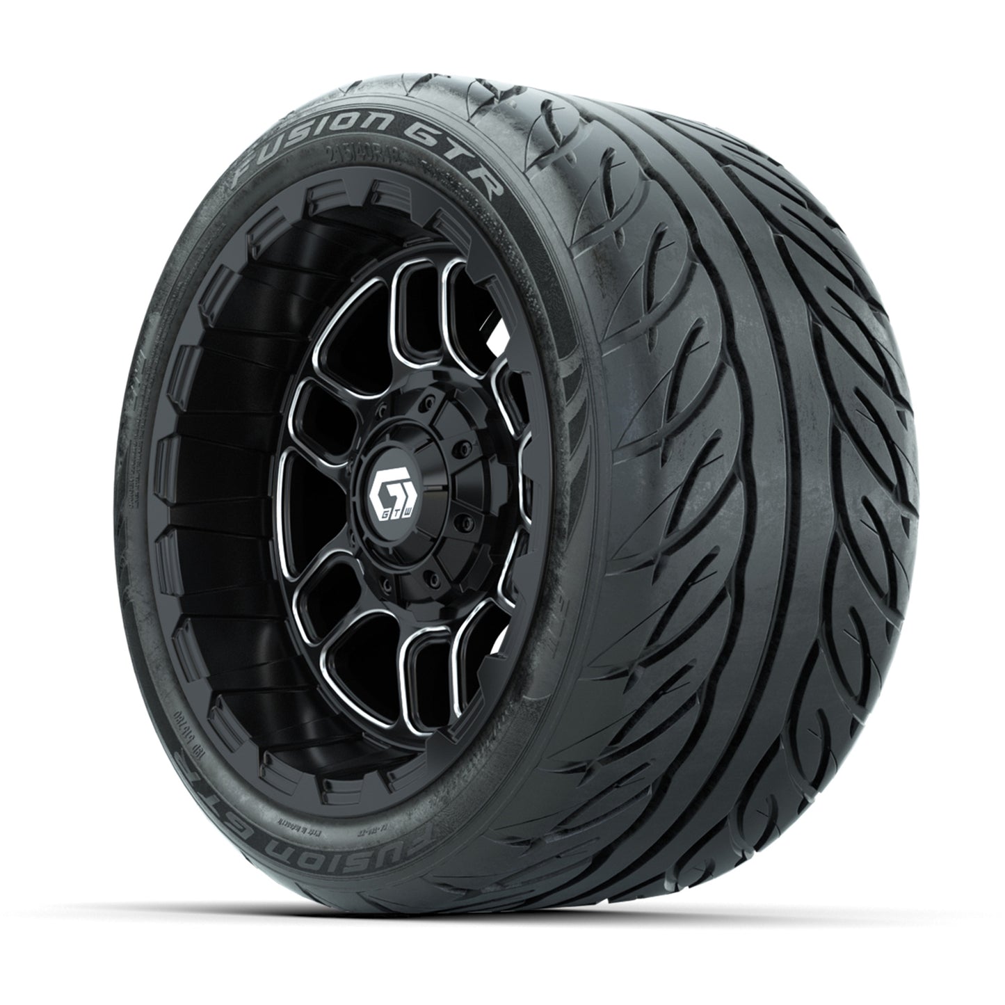 GTW® Titan Black/Machined 12 in Wheels with 215/40-R12 Fusion GTR Steel Belt Radial Street Tires – Full Set
