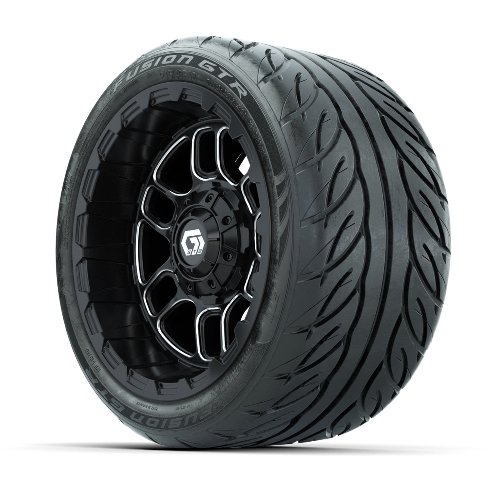 GTW® Titan Black/Machined 12 in Wheels with 215/40-R12 Fusion GTR Steel Belt Radial Street Tires – Full Set