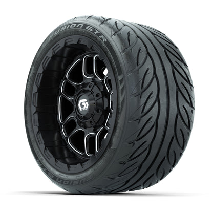 GTW® Titan Black/Machined 12 in Wheels with 215/40-R12 Fusion GTR Steel Belt Radial Street Tires – Full Set