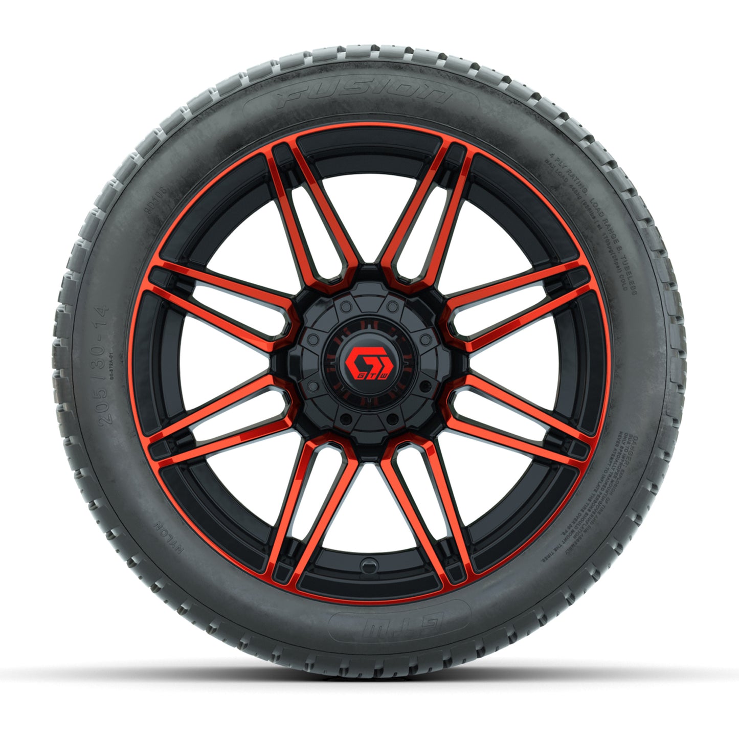 GTW® Stealth Gloss Black/Red 14 in Wheels with 205/30-14 Fusion Street Tires – Full Set