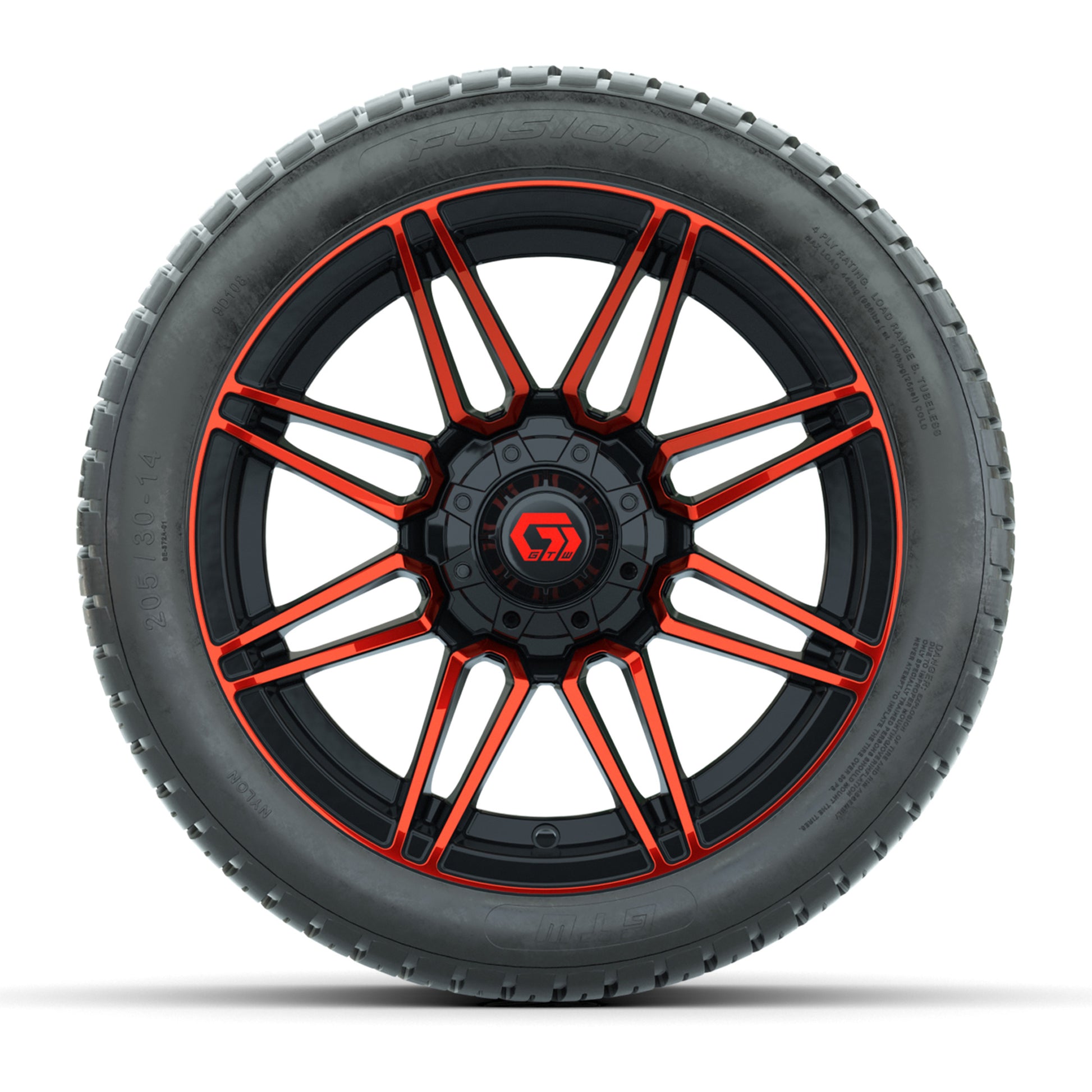 GTW® Stealth Gloss Black/Red 14 in Wheels with 205/30-14 Fusion Street Tires – Full Set