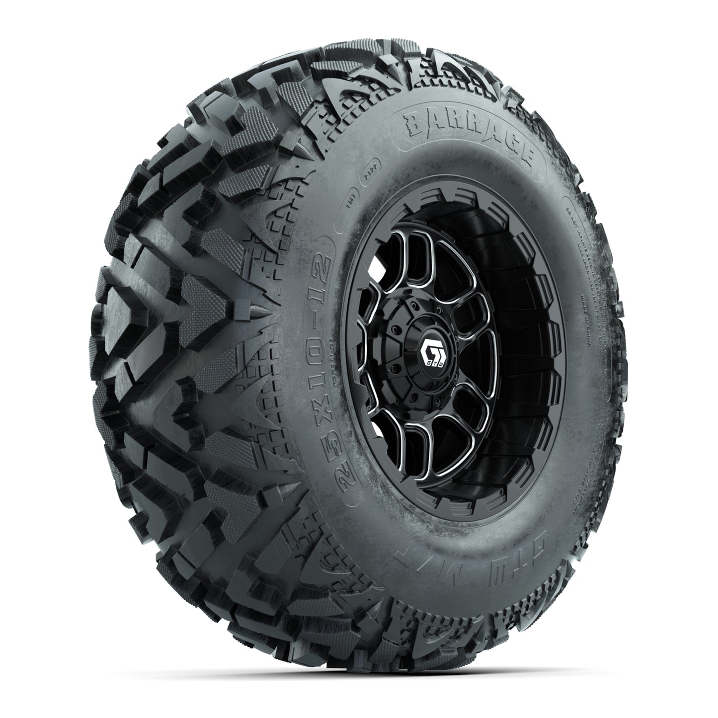 GTW® Titan Black/Machined 12 in Wheels with 25X10-12 Barrage Mud Tires – Full Set