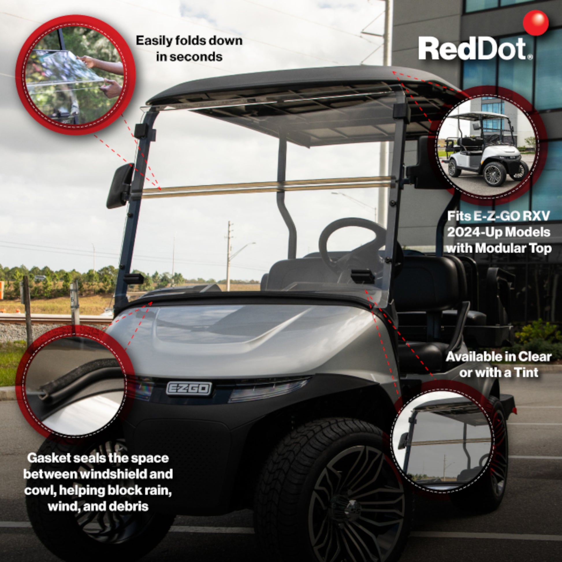 RedDot EZGO RXV with Modular Top Clear Folding 1/4" Windshield with Rubber Trim (Years 2024-Up)