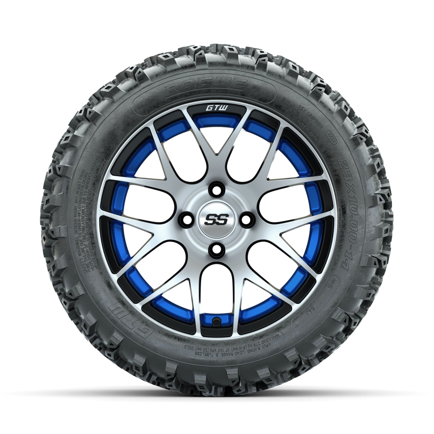GTW Pursuit Blue 14 in Wheels with 23x10.00-14 Rogue All Terrain Tires - Full Set