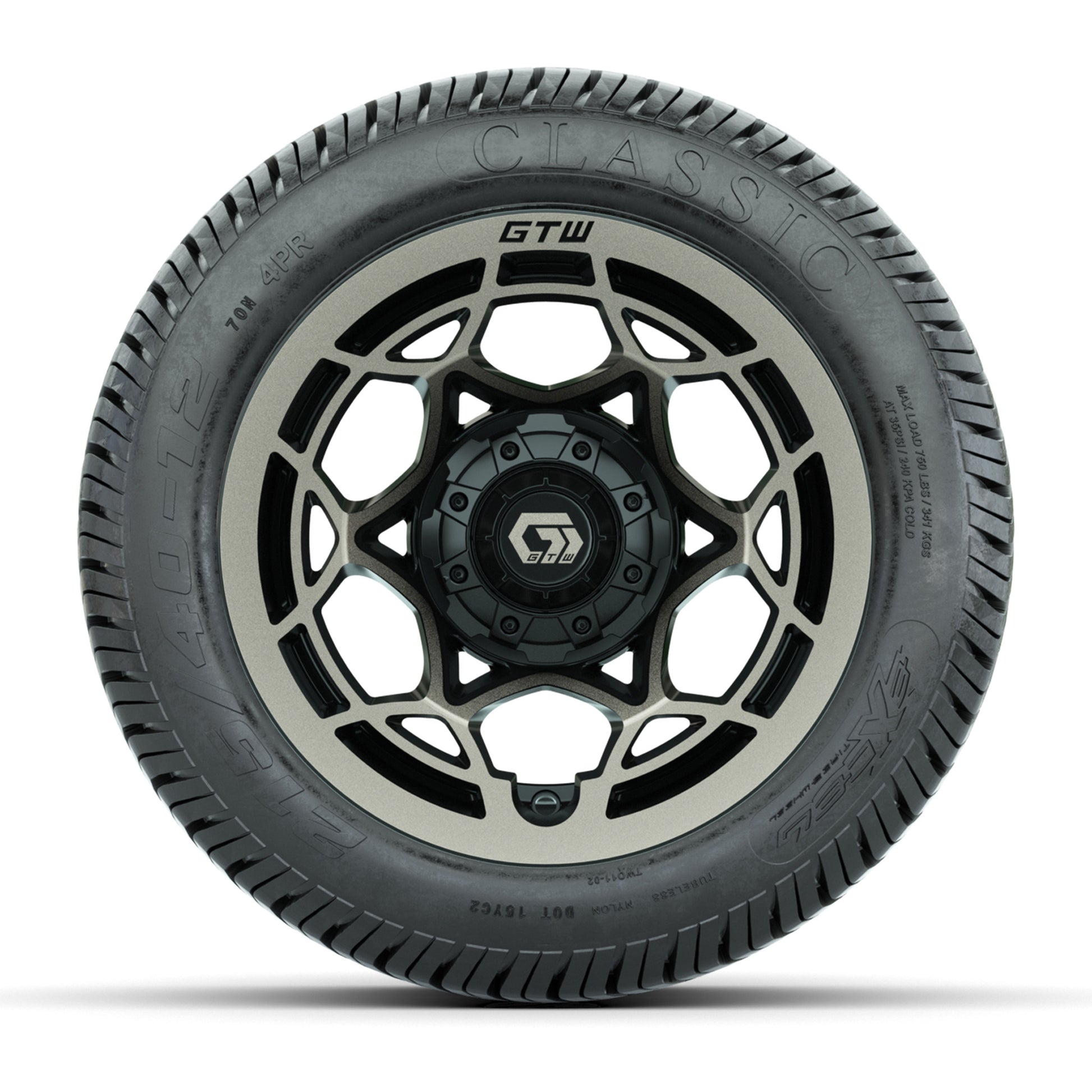 GTW® Nexus Black/Bronze 12 in Wheels with 215/40-12 Excel Classic Street Tires – Full Set