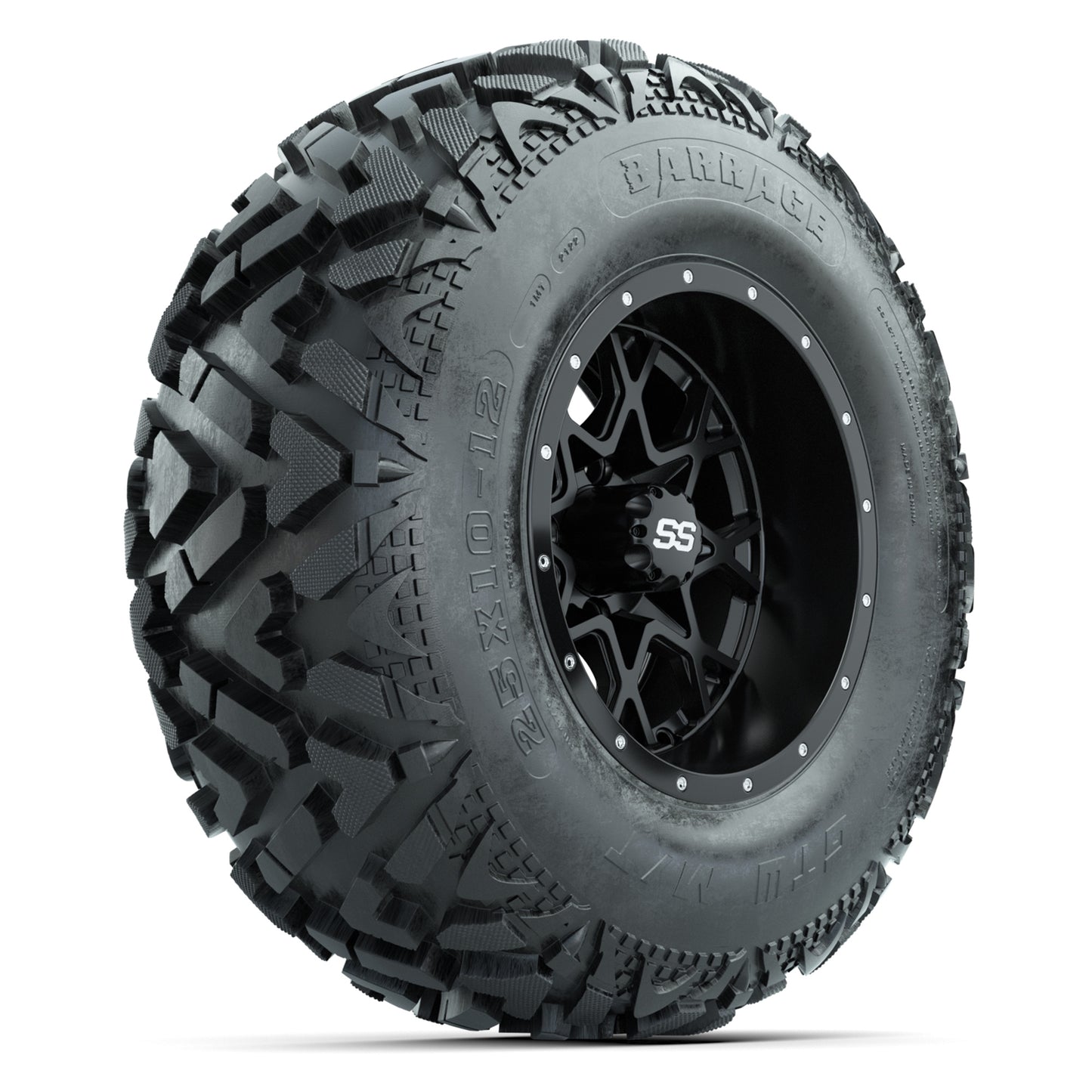 GTW® Vortex 2 Matte Black/Machined 12 in Wheels with 25X10-12 Barrage Mud Tires – Full Set