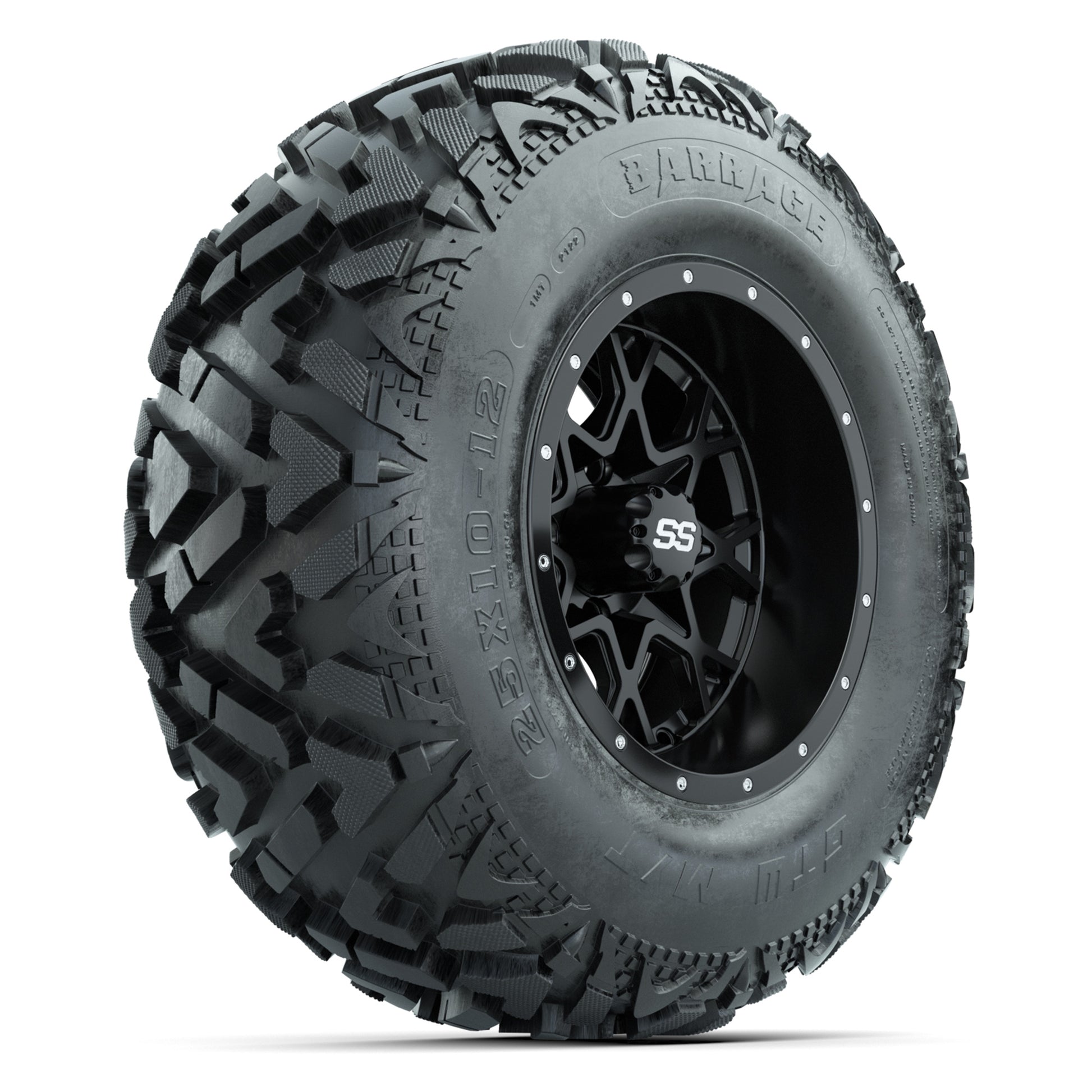 GTW® Vortex 2 Matte Black/Machined 12 in Wheels with 25X10-12 Barrage Mud Tires – Full Set