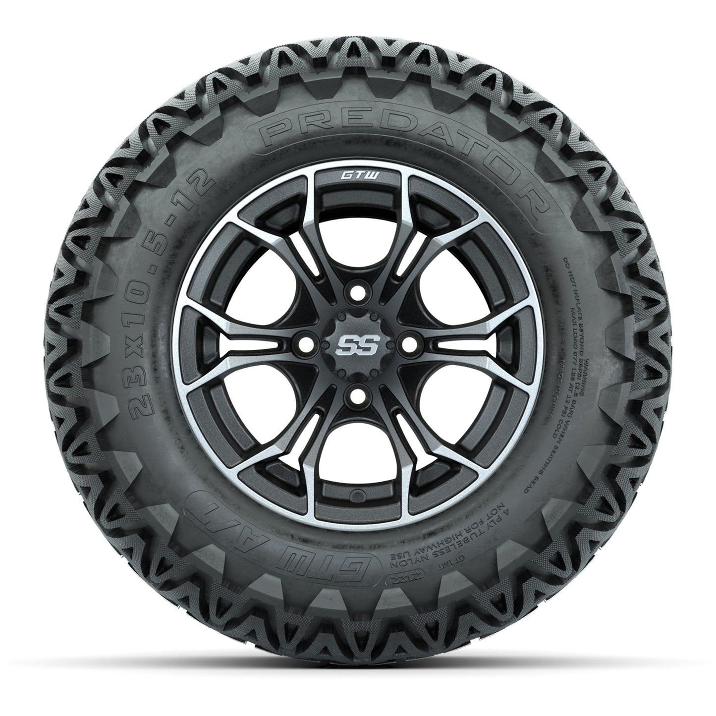 GTW® Spyder Matte Gray/Machined 12 in Wheels with 23X10.5-12 Predator All-Terrain Tires – Full Set