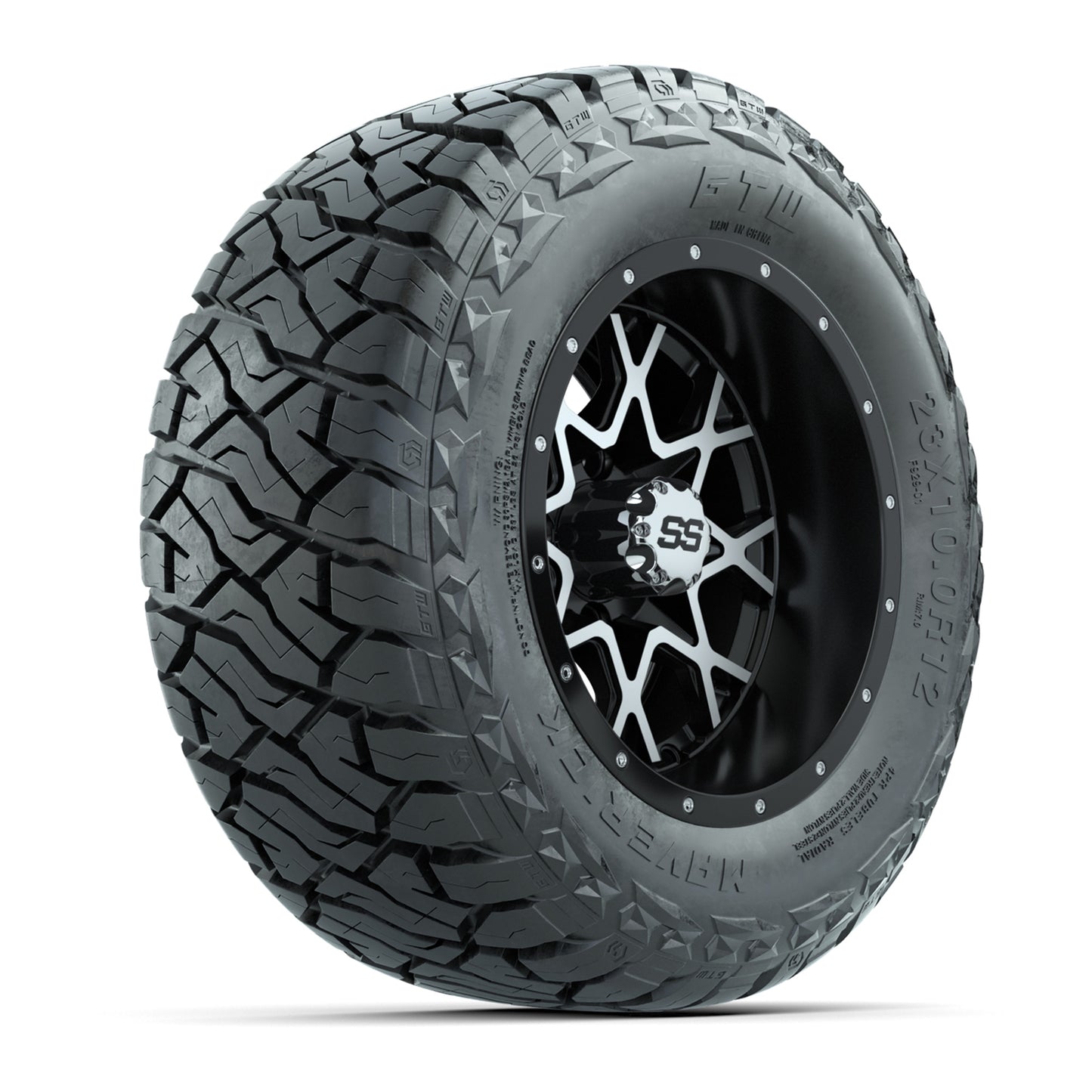 GTW Vortex Matte Black/Machined 12 in Wheels with 23x10.00-R12 Maverick All-Terrain Tires – Full Set
