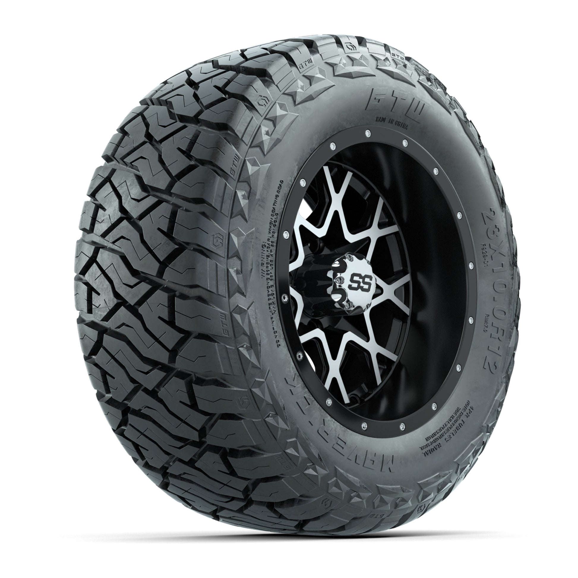 GTW Vortex Matte Black/Machined 12 in Wheels with 23x10.00-R12 Maverick All-Terrain Tires – Full Set