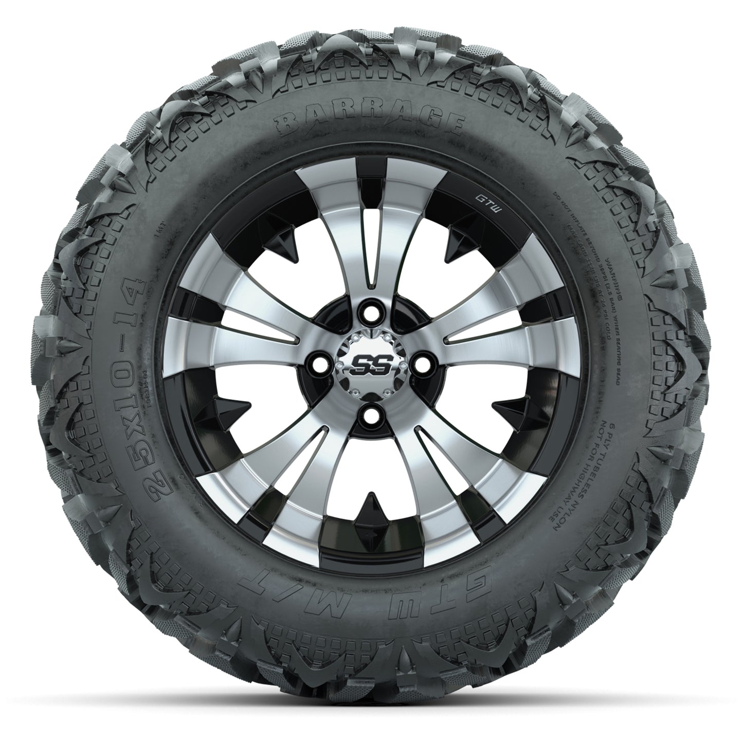 GTW Vampire Black/Machined 14 in Wheels with 25x10-14 Barrage Mud Tires – Full Set