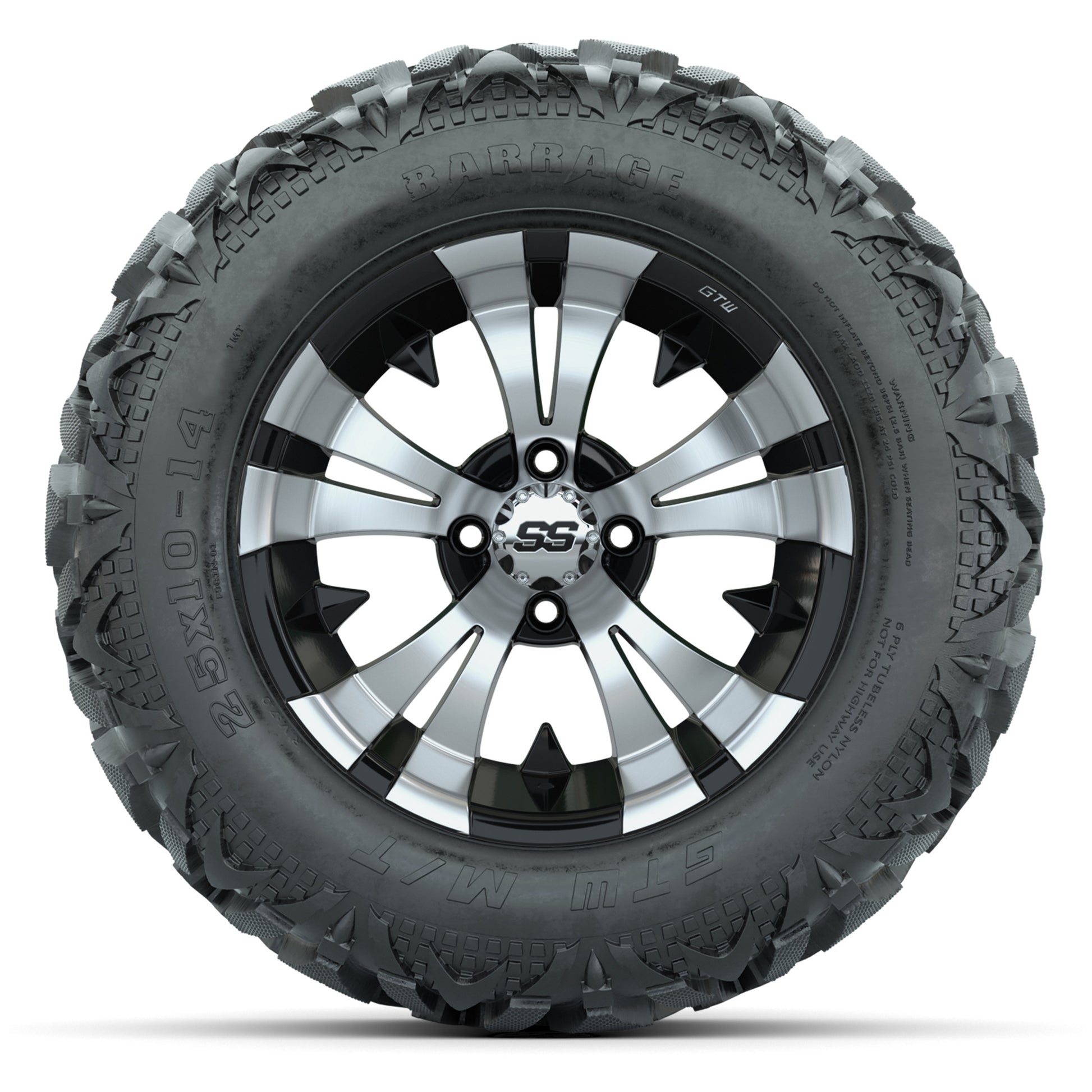 GTW Vampire Black/Machined 14 in Wheels with 25x10-14 Barrage Mud Tires – Full Set