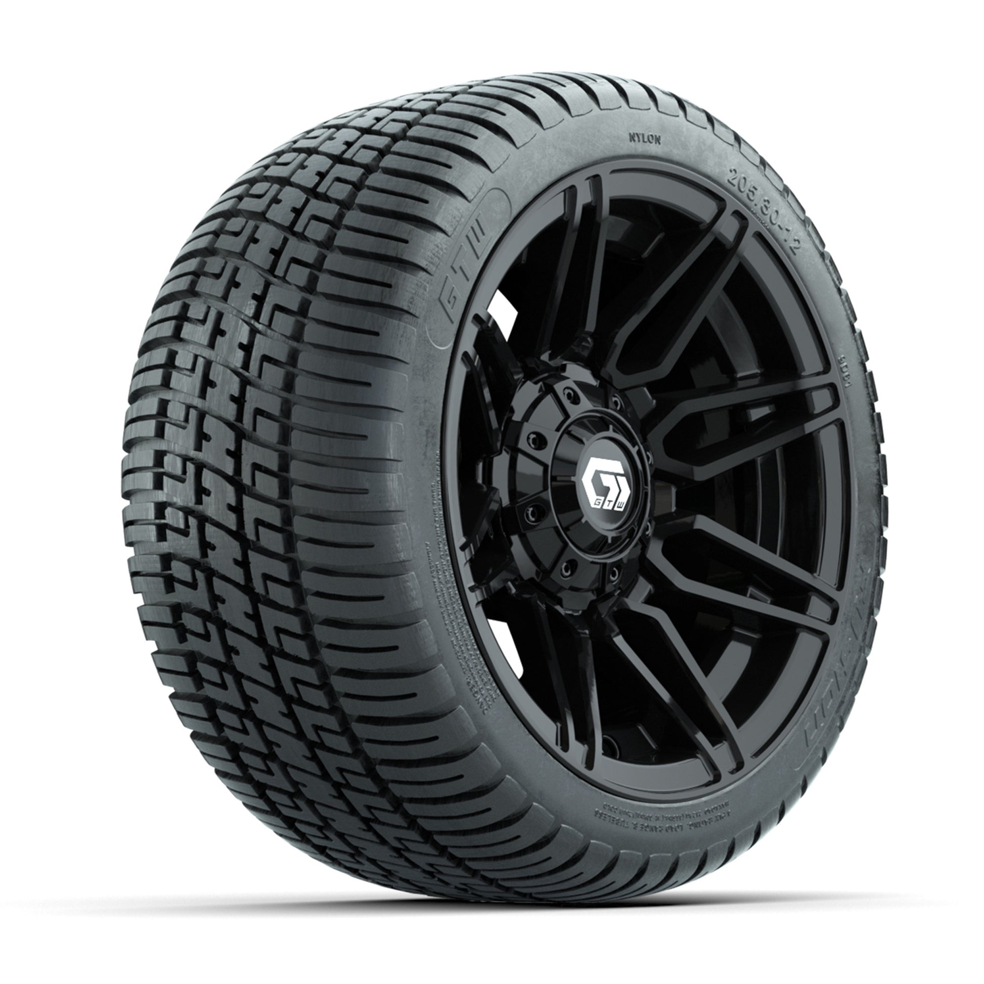 GTW® Stealth Gloss Black 12 in Wheels with 205/30-12 Fusion Street Tires – Full Set