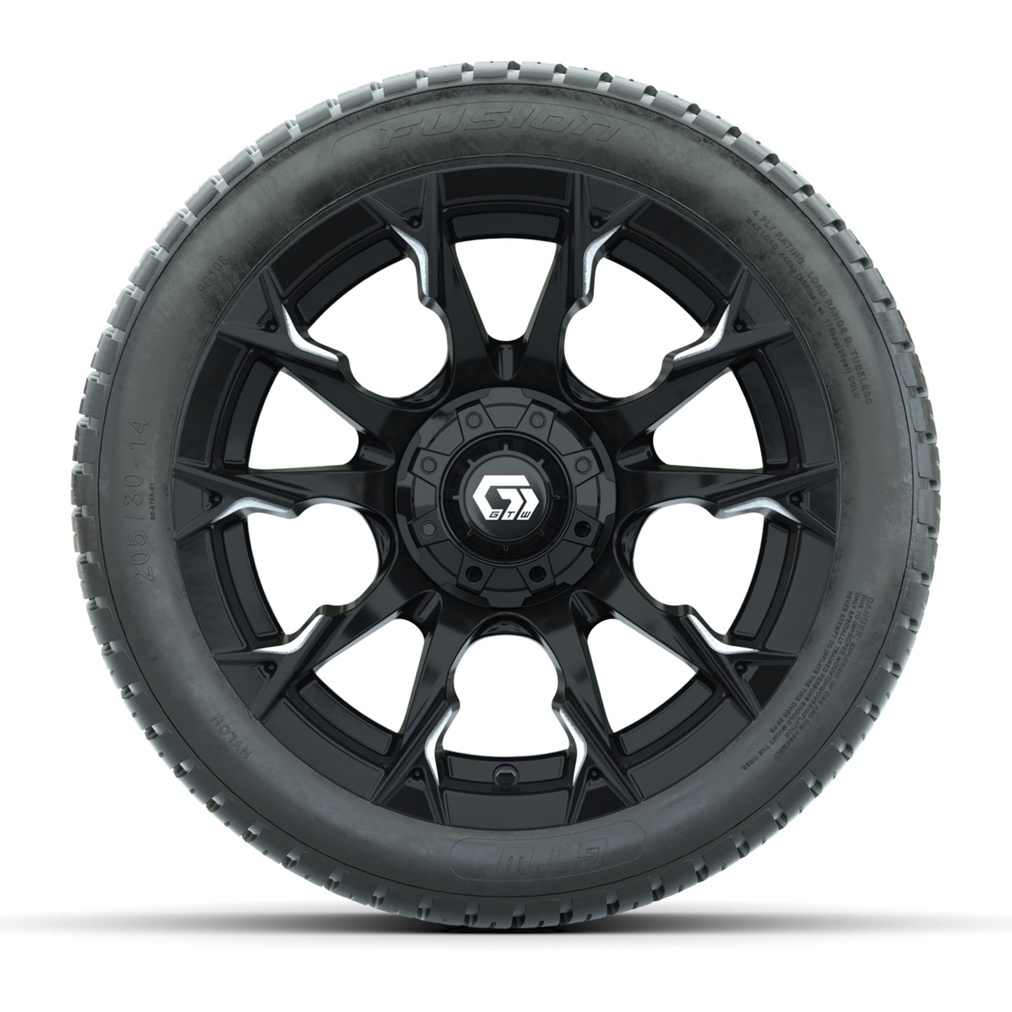 GTW® Diablo Gloss Black/Machined 14 in Wheels with 205/30-14 Fusion Street Tires – Full Set