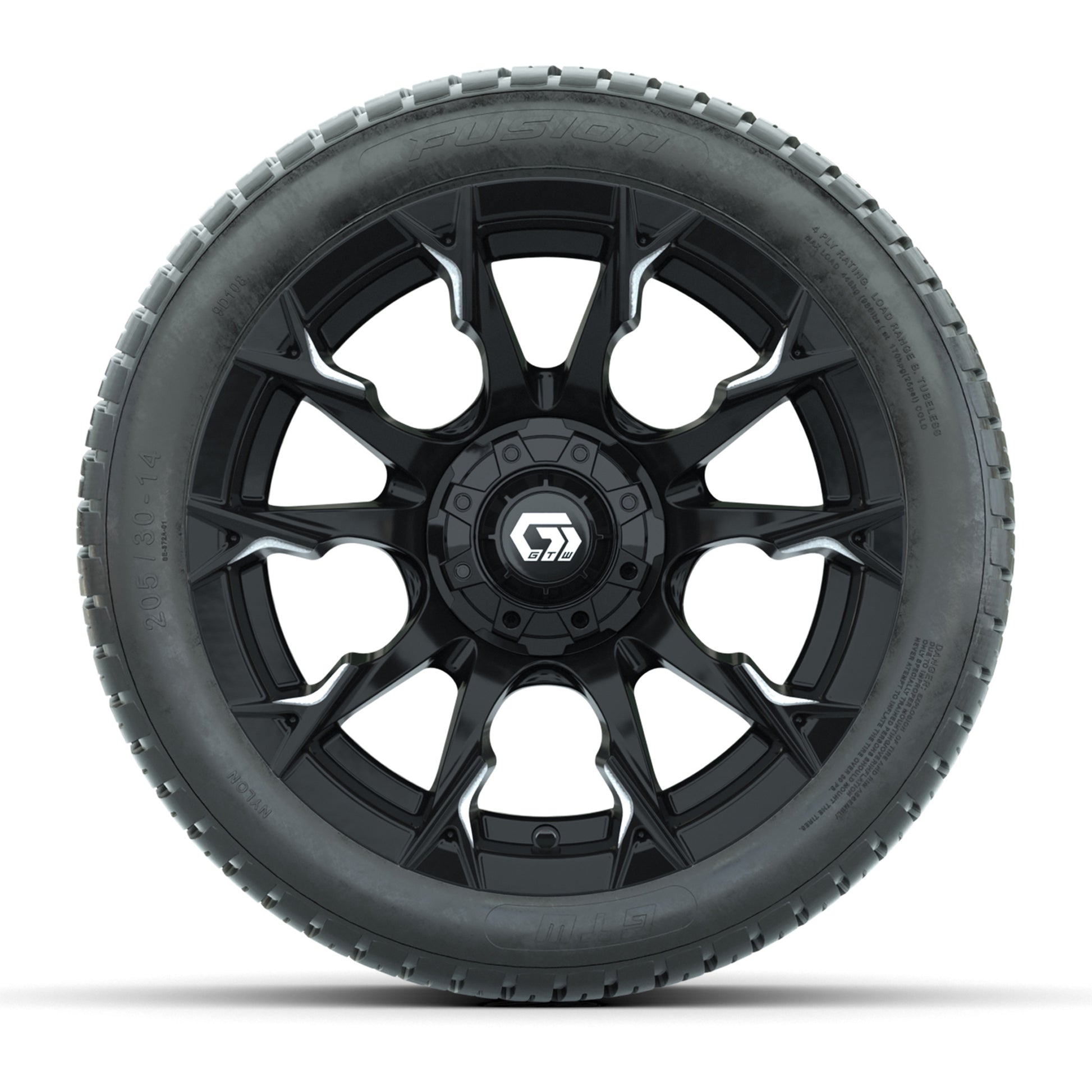 GTW® Diablo Gloss Black/Machined 14 in Wheels with 205/30-14 Fusion Street Tires – Full Set