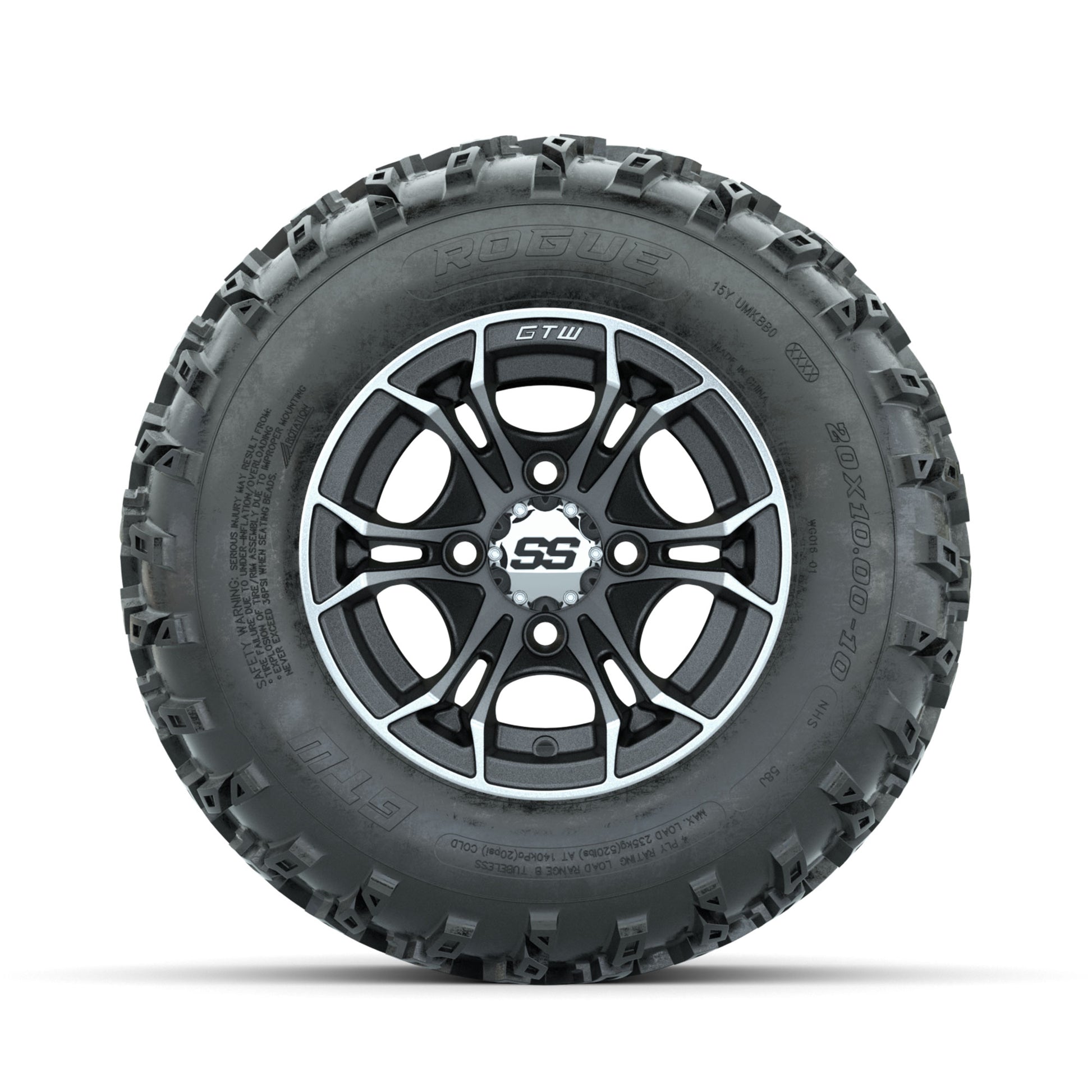 GTW Spyder Machined/Matte Grey 10 in Wheels with 20x10.00-10 Rogue All Terrain Tires – Full Set