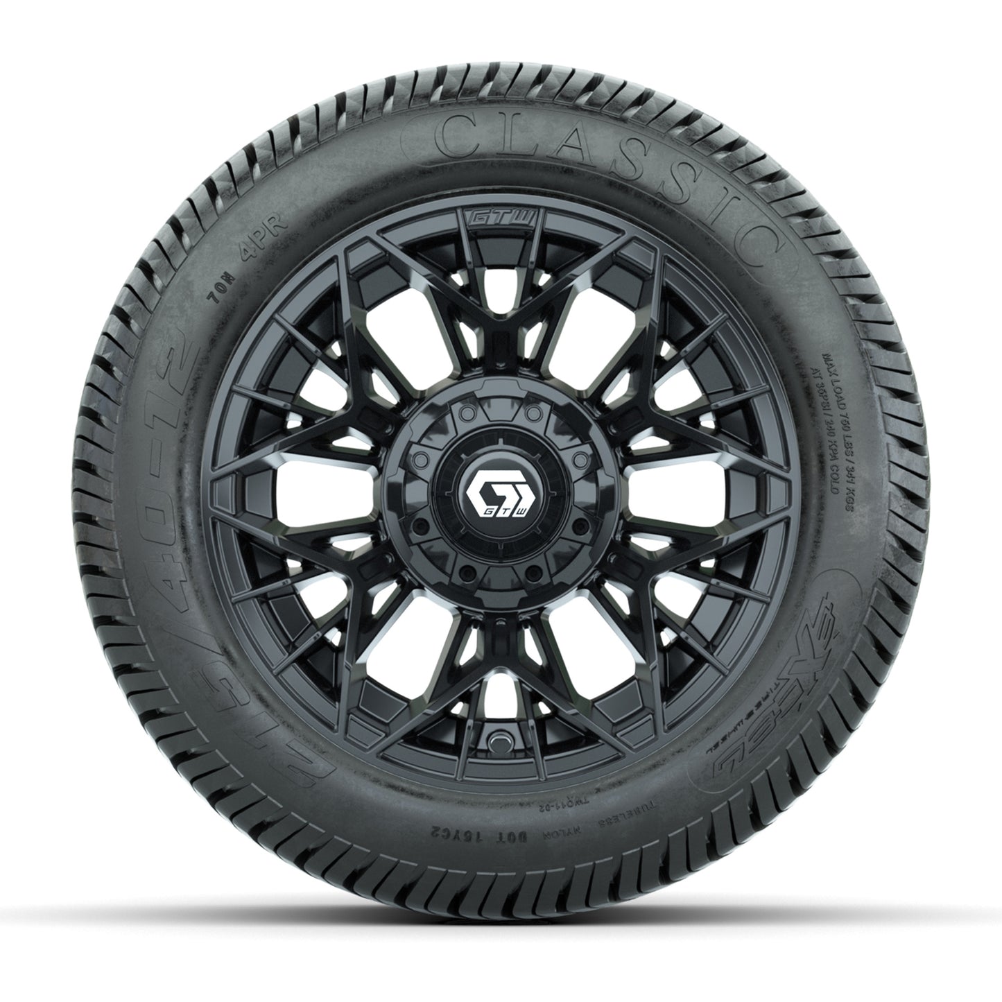 GTW® Stellar Black 12 in Wheels with 215/40-12 Excel Classic Street Tires – Full Set