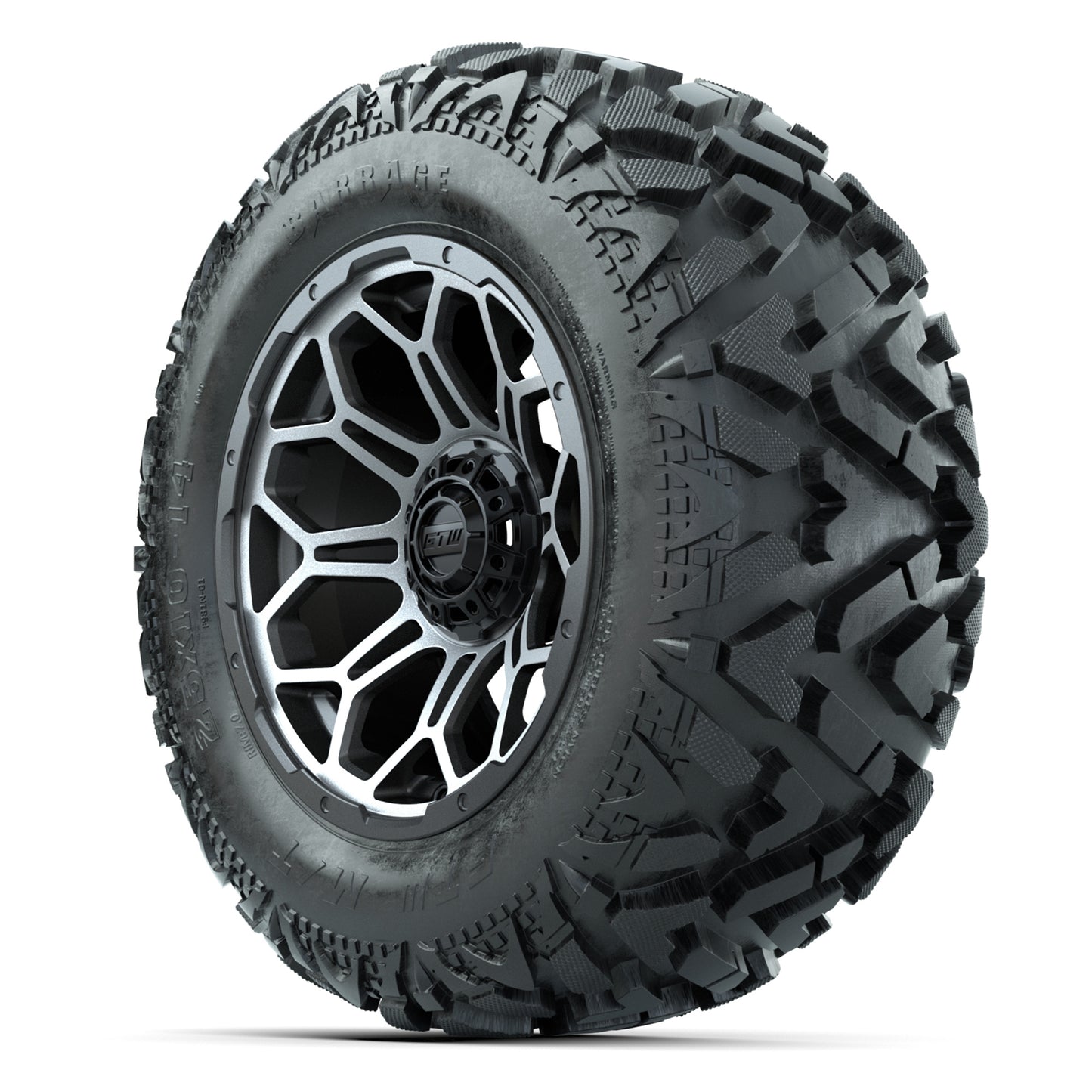GTW Bravo Matte Gray/Machined 14 in Wheels with 25x10-14 Barrage Mud Tires – Full Set